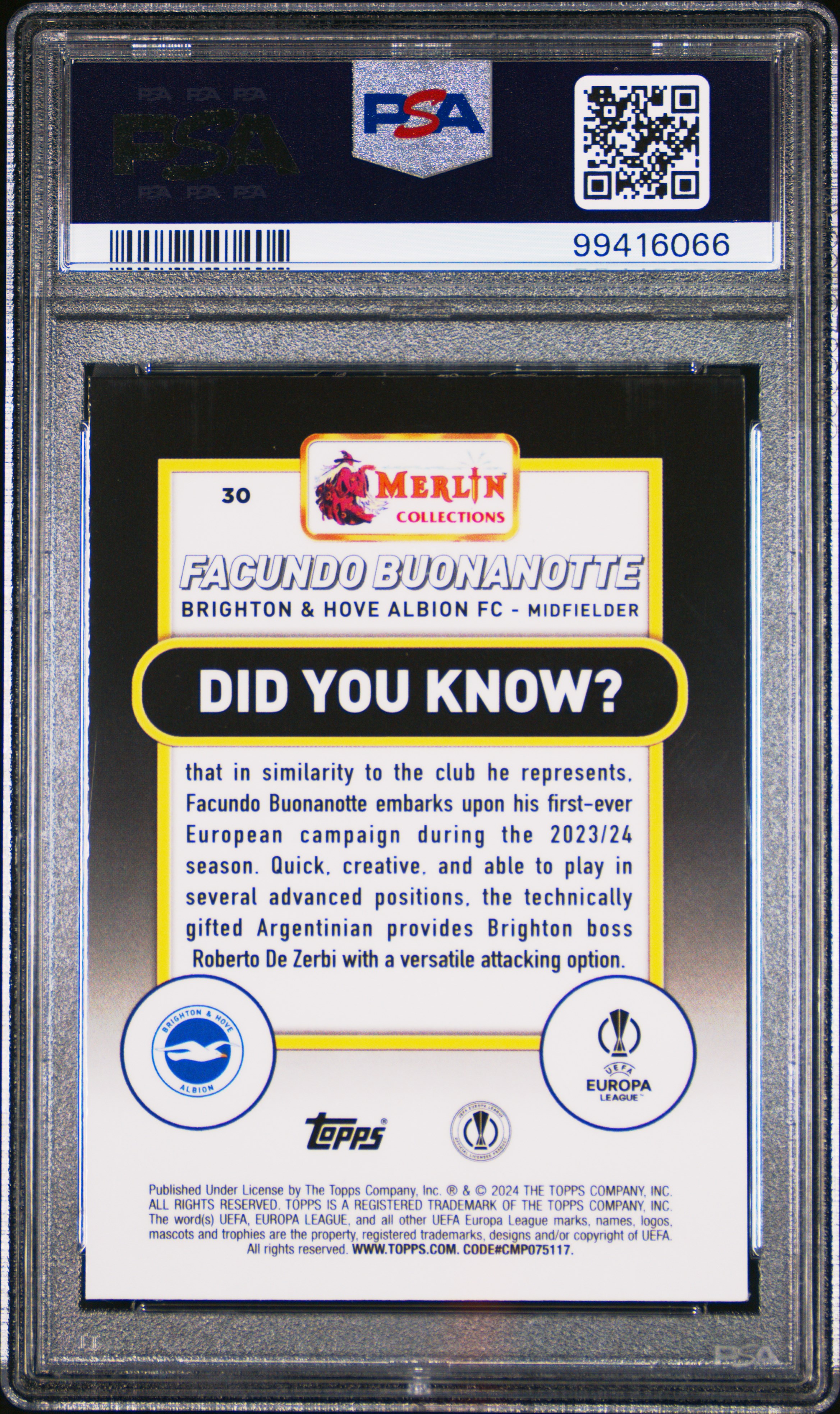 2023-24 Topps Merlin Uefa Club Competitions Facundo Buonanotte #30 (Aqua Prism Refractor) Gem Mt 10 back