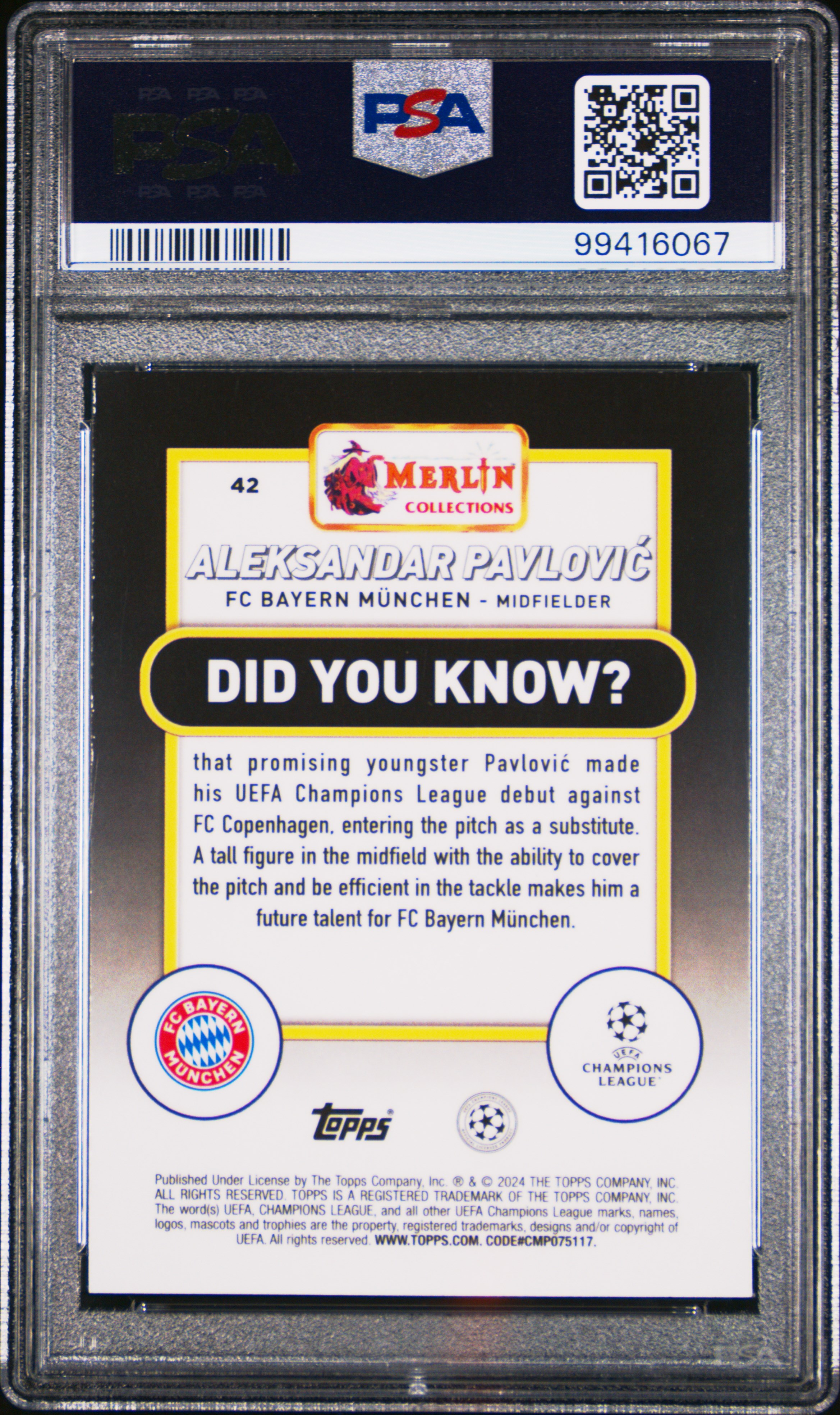 2023-24 Topps Merlin Uefa Club Competitions Aleksandar Pavlovic #42 (Neon Green Shimmer) Gem Mt 10 back