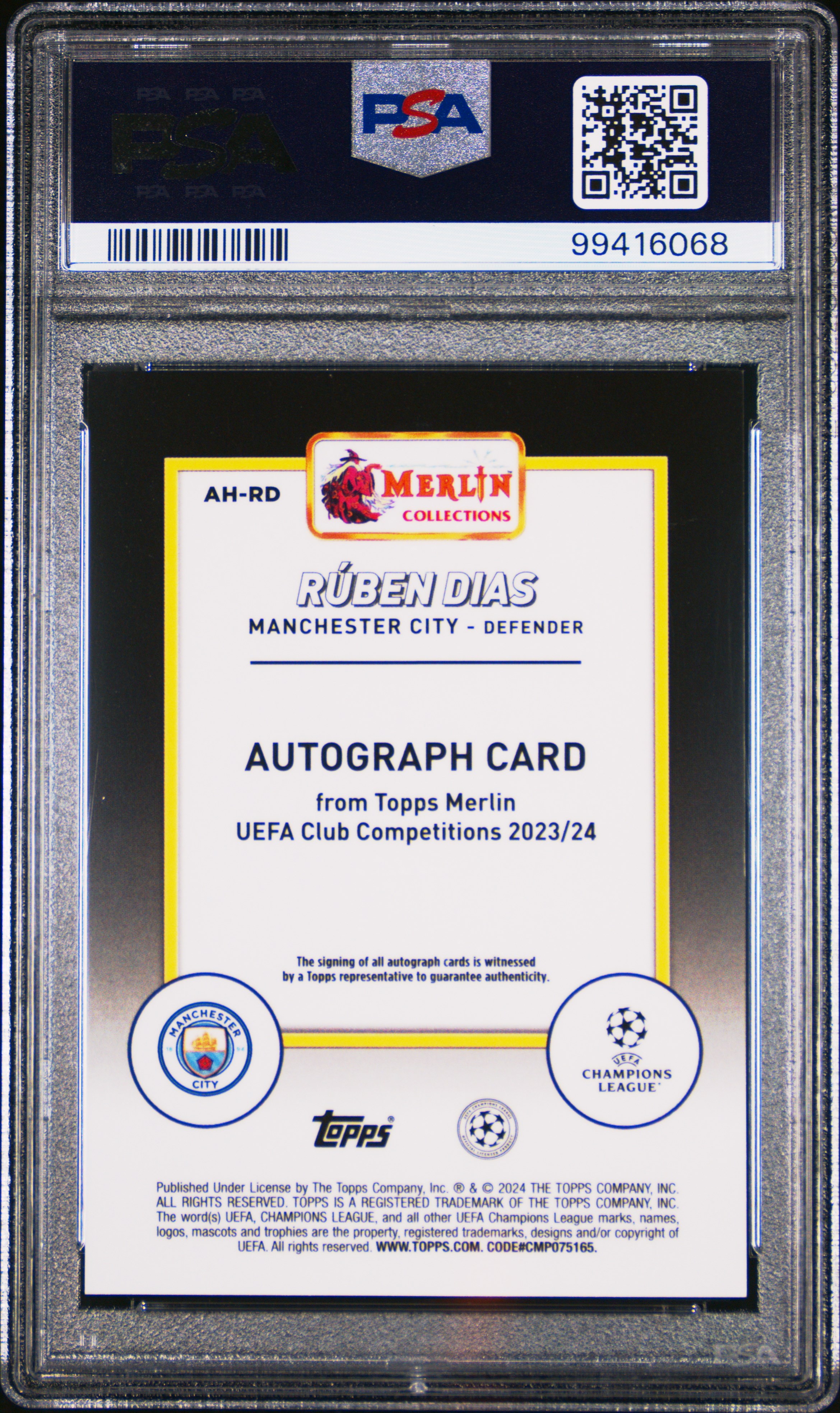 2023-24 Topps Merlin Uefa Club Competitions Autographs Ruben Dias #Ahrd (Autograph-Gold Refractor) Gem Mt 10 back