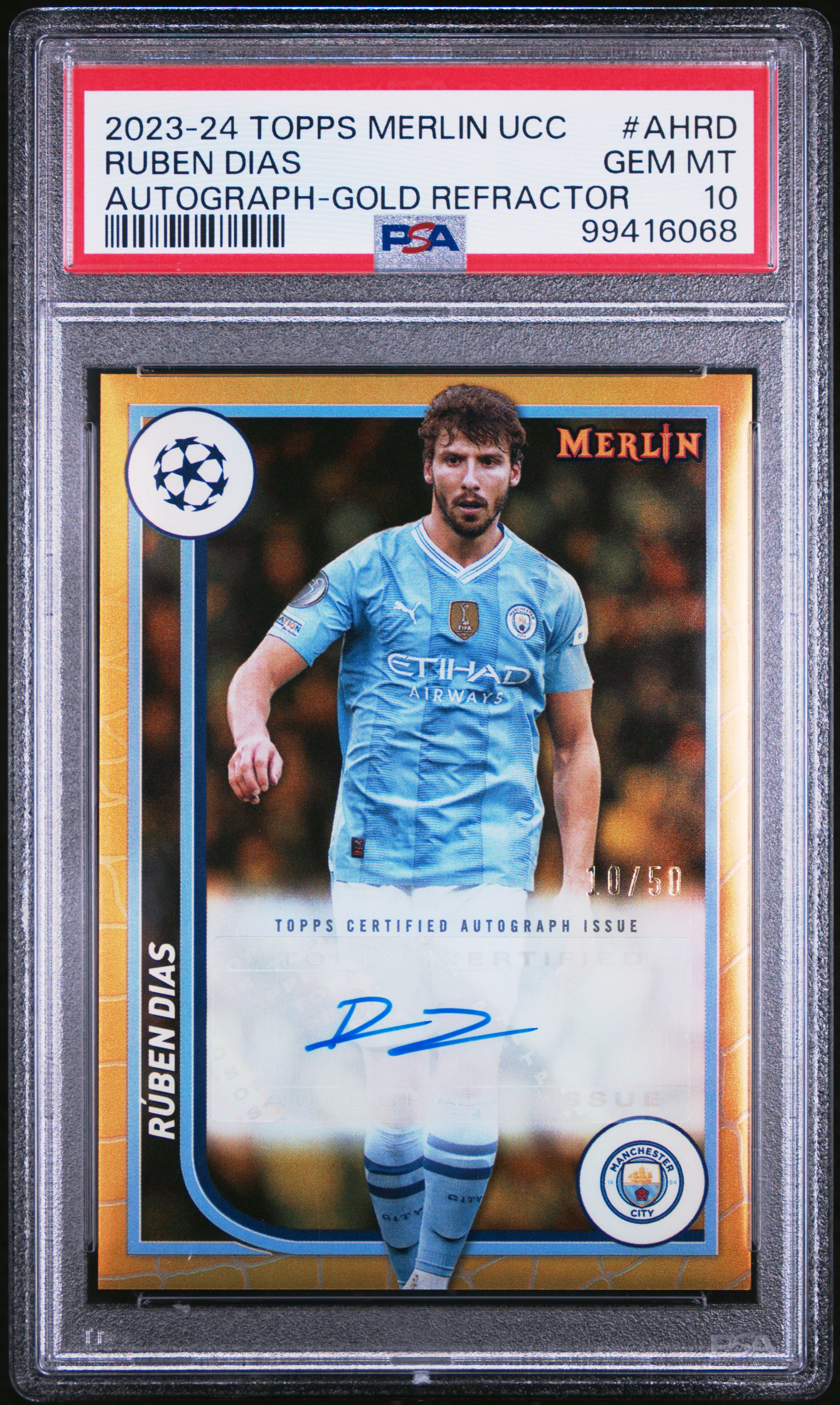 2023-24 Topps Merlin Uefa Club Competitions Autographs Ruben Dias #Ahrd (Autograph-Gold Refractor) Gem Mt 10 front