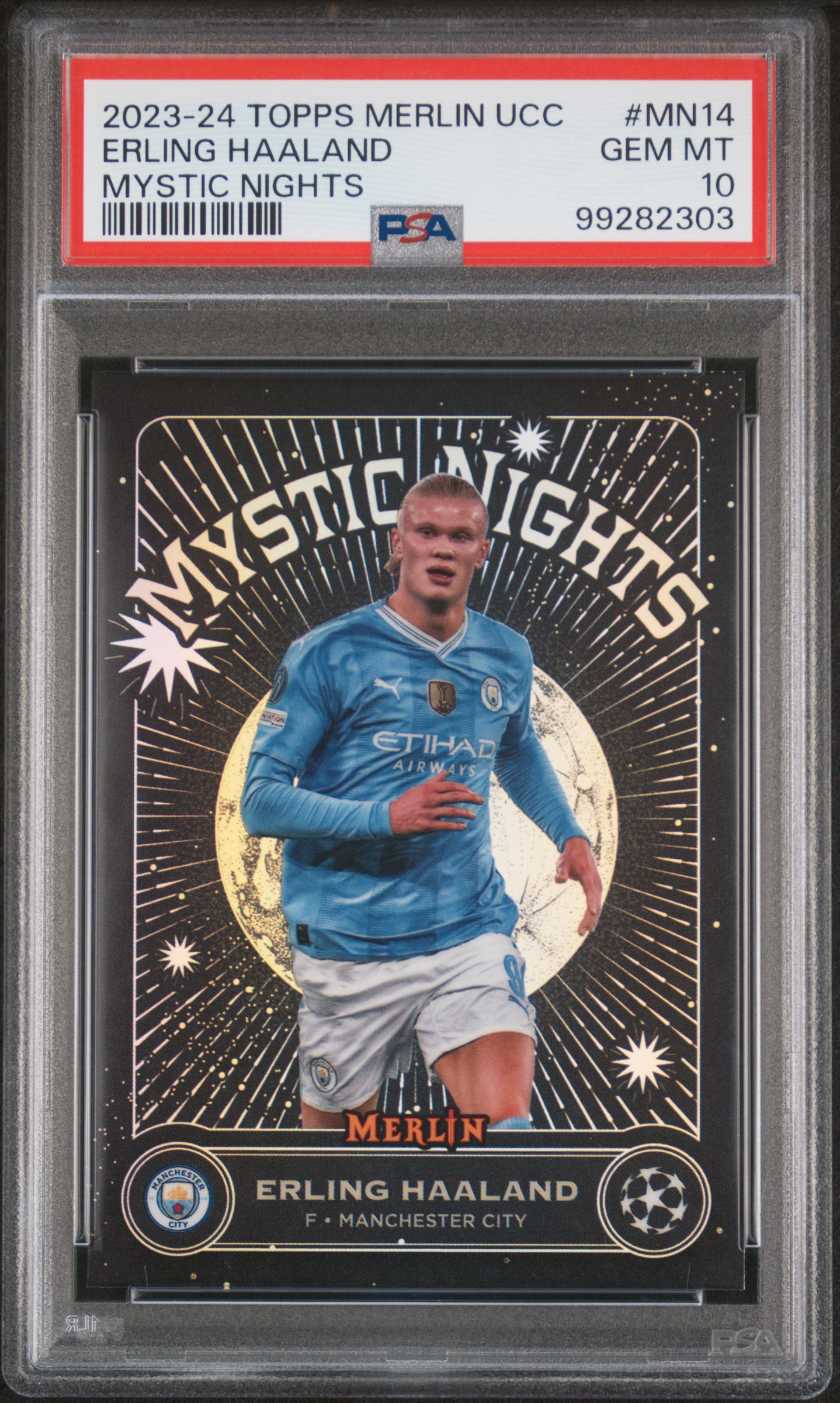 2023-24 Topps Merlin Uefa Club Competitions Mystic Nights Erling Haaland #Mn14 Gem Mt 10 front
