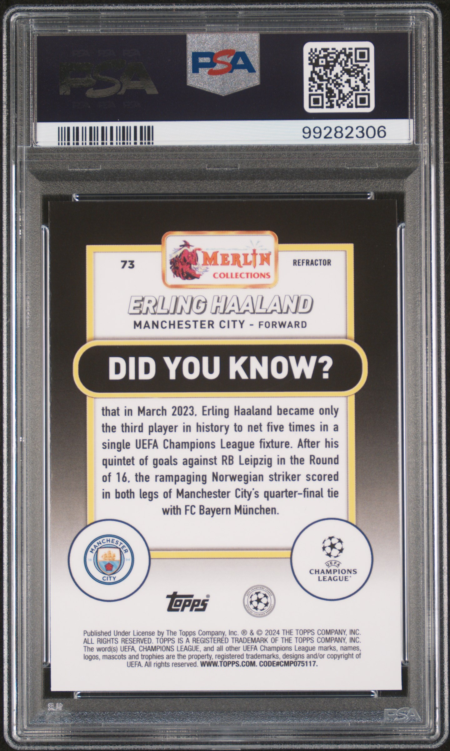 2023-24 Topps Merlin Uefa Club Competitions Erling Haaland #73 (Refractor) Gem Mt 10 back