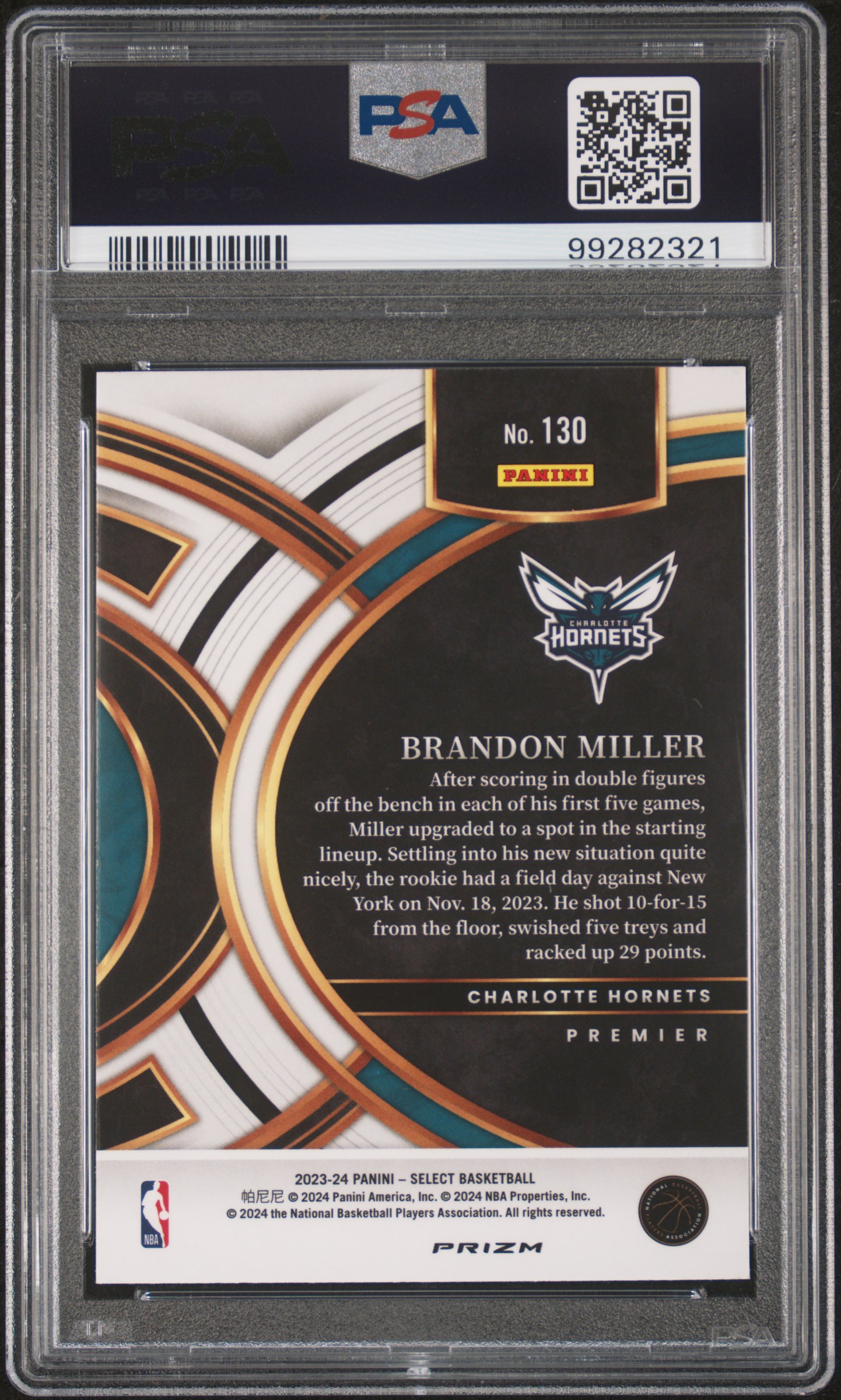 2023 Panini Select Brandon Miller #130 (Green Shock) Gem Mt 10 back