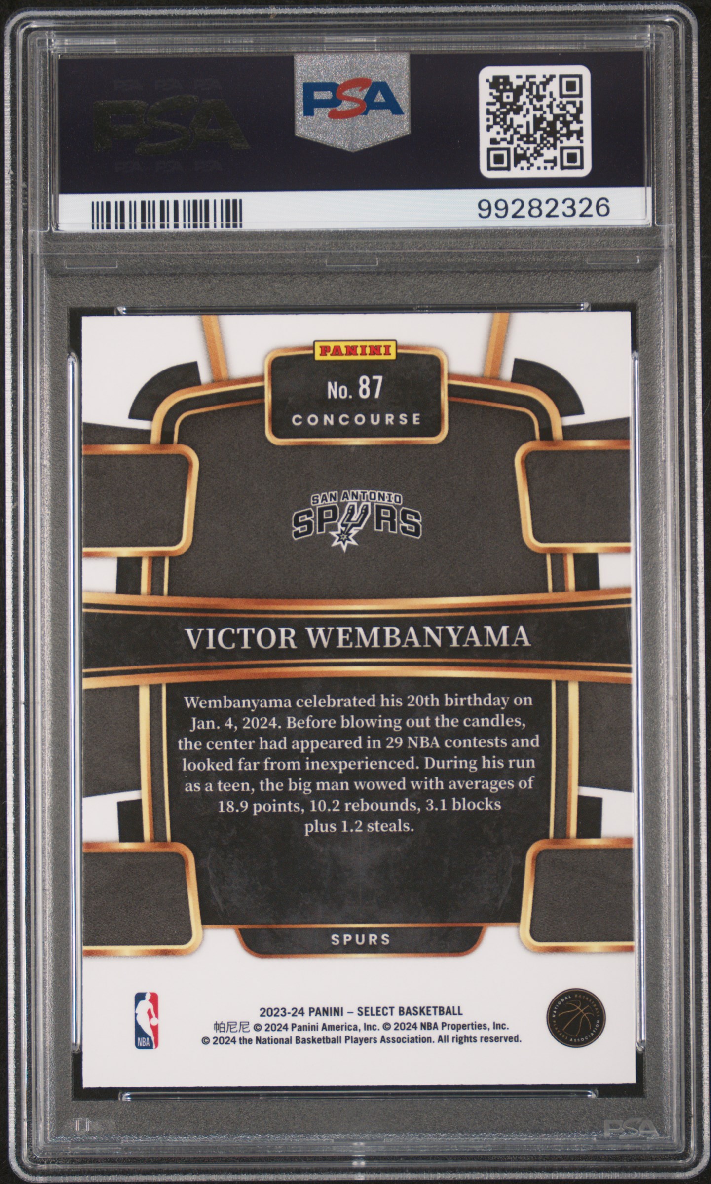 2023 Panini Select Victor Wembanyama #87 (Blue) Gem Mt 10 back