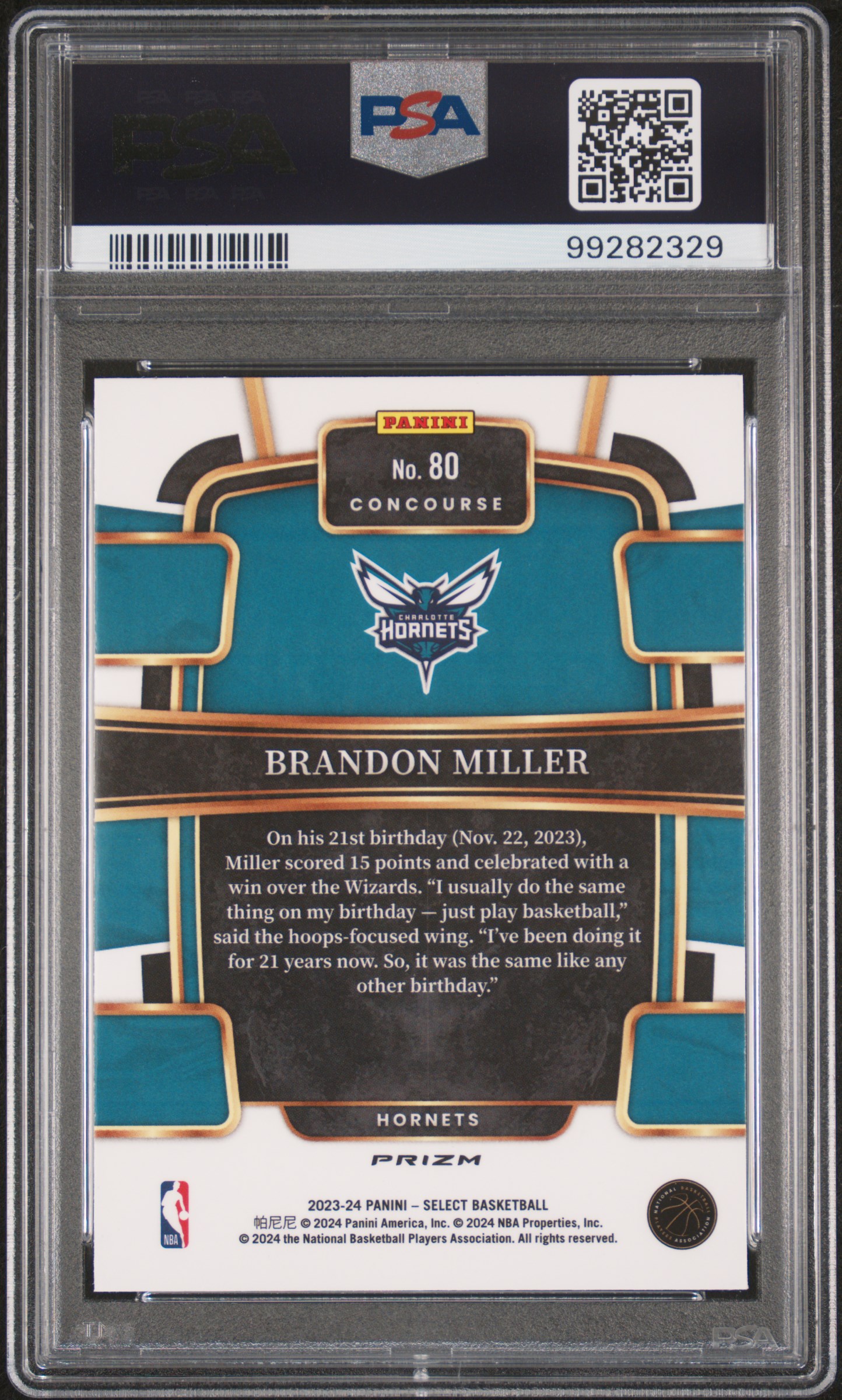 2023 Panini Select Brandon Miller #80 (Orange Flash) Mint 9 back