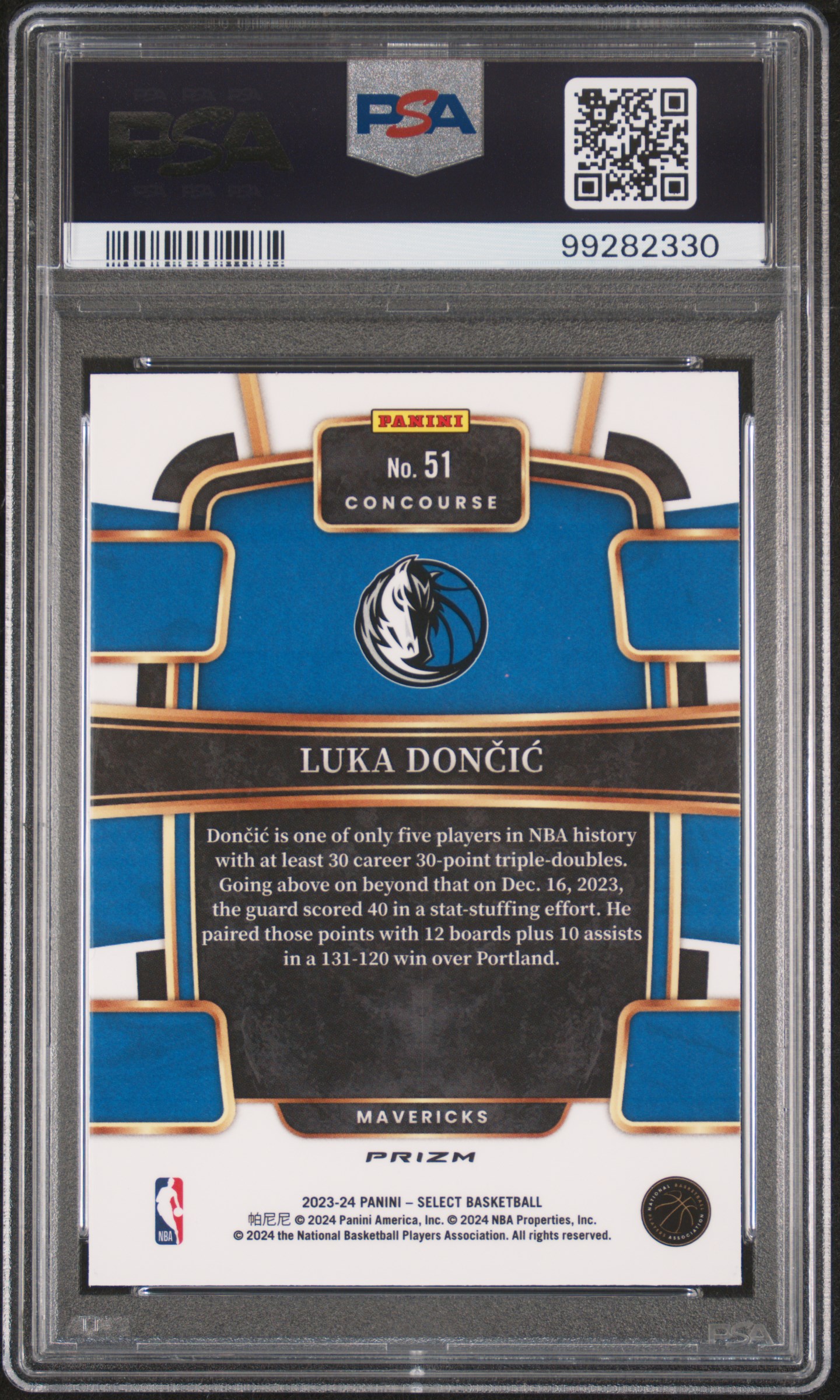 2023 Panini Select Luka Doncic #51 (Orange Flash) Gem Mt 10 back
