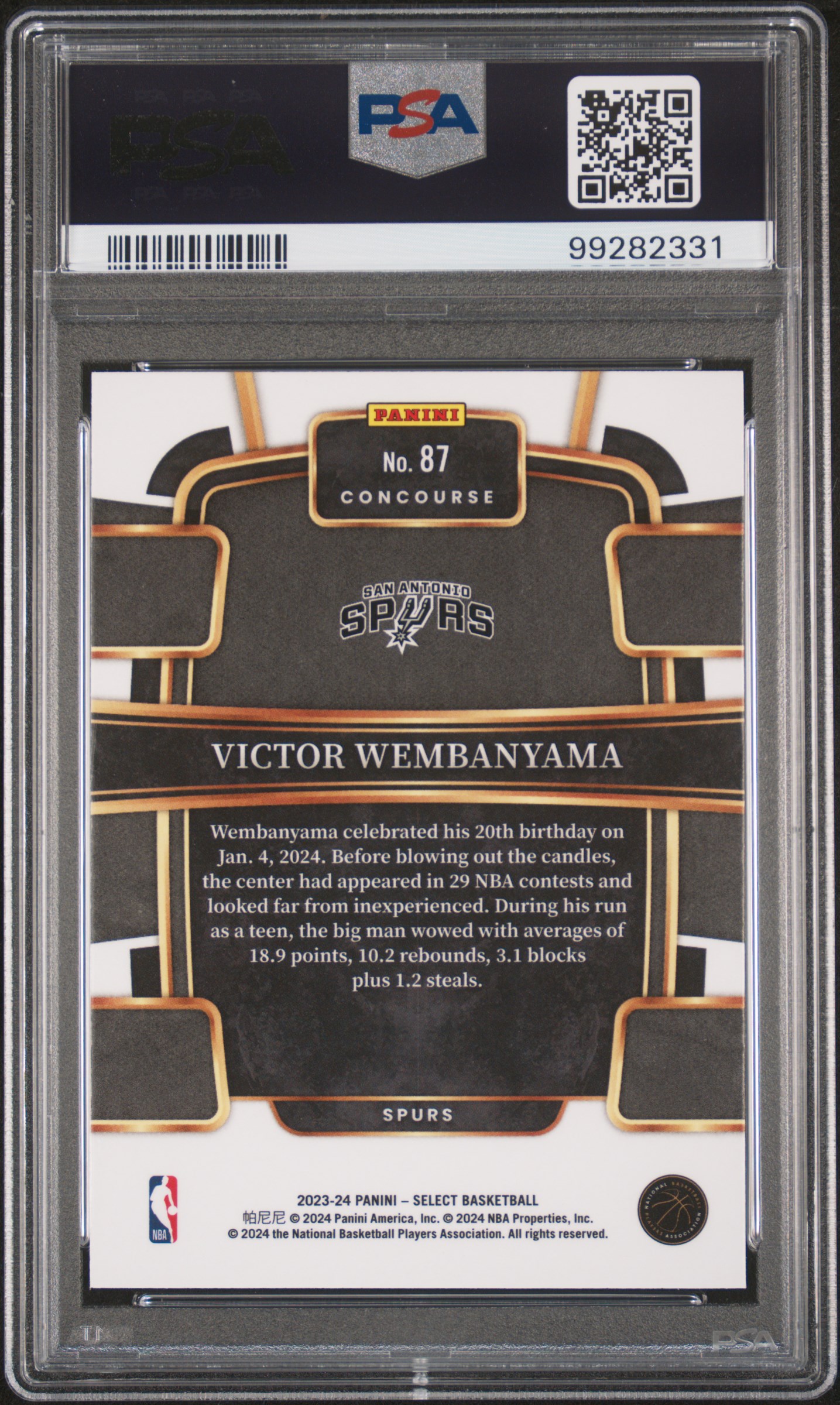 2023 Panini Select Victor Wembanyama #87 (Blue) Gem Mt 10 back
