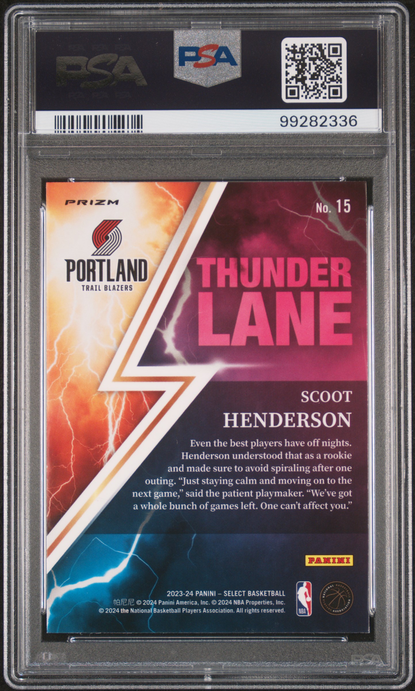 2023 Panini Select Thunder Lane Scoot Henderson #15 (Thunder Lane-Tectonic Prz) Gem Mt 10 back