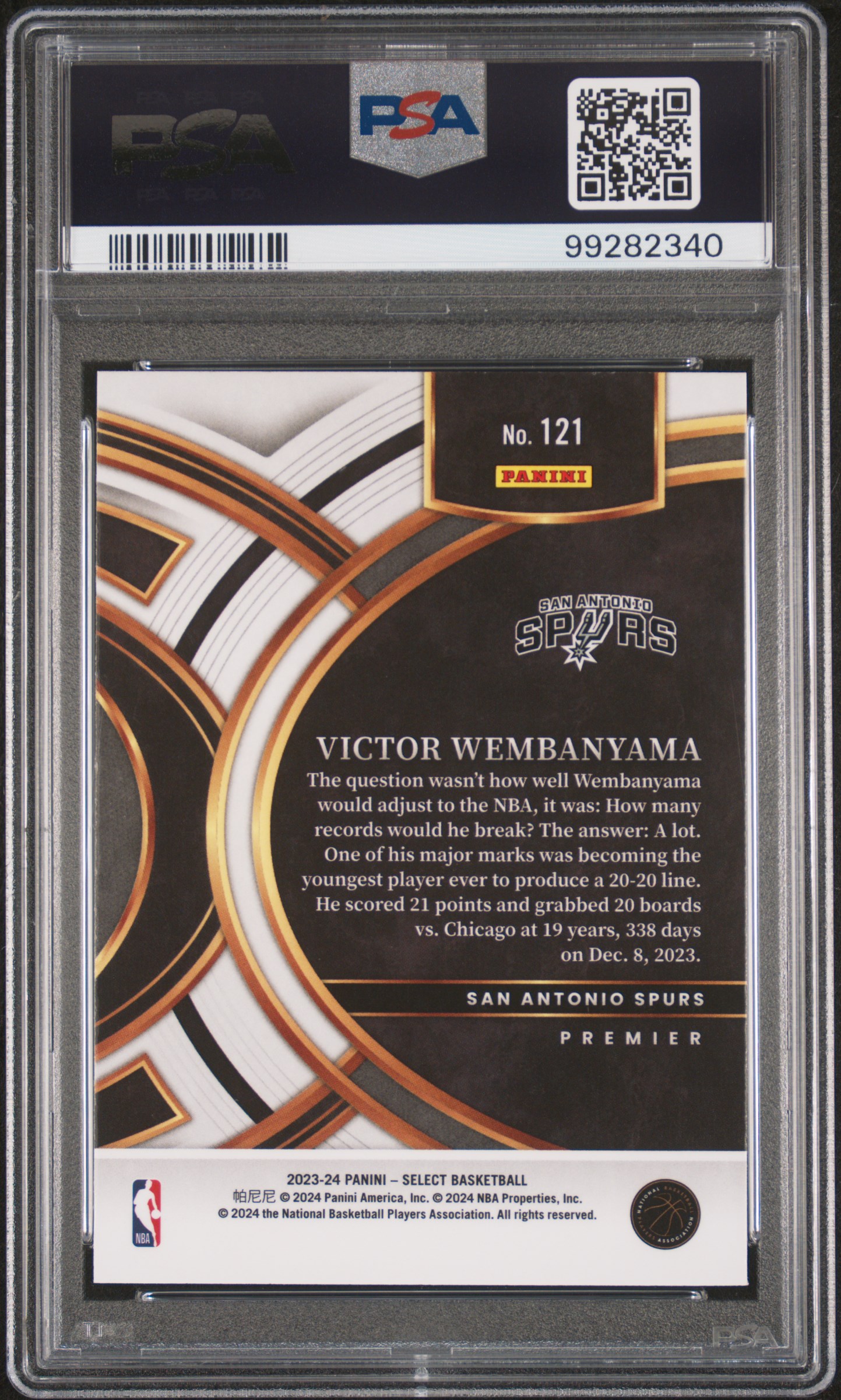 2023 Panini Select Victor Wembanyama #121 (Blue) Gem Mt 10 back