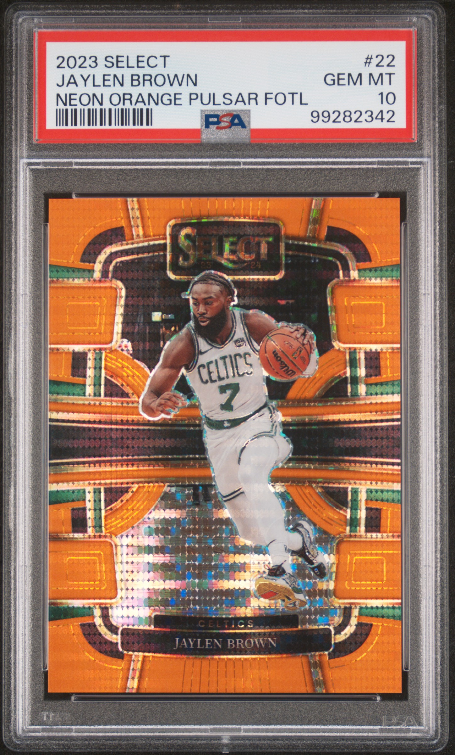 2023 Panini Select Jaylen Brown #22 (Neon Orange Pulsar Fotl) Gem Mt 10 front