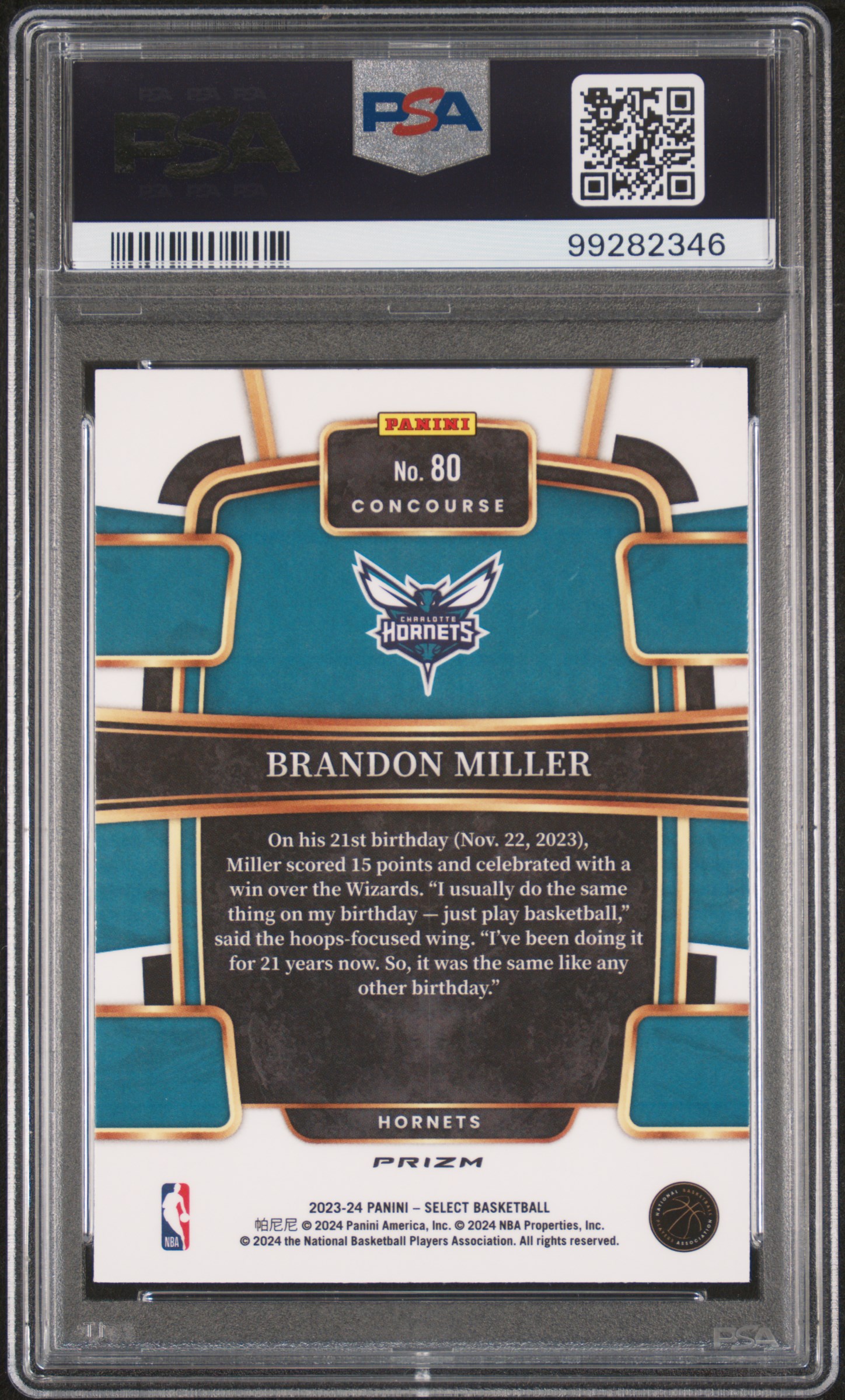2023 Panini Select Brandon Miller #80 (Silver Prizm) Mint 9 back