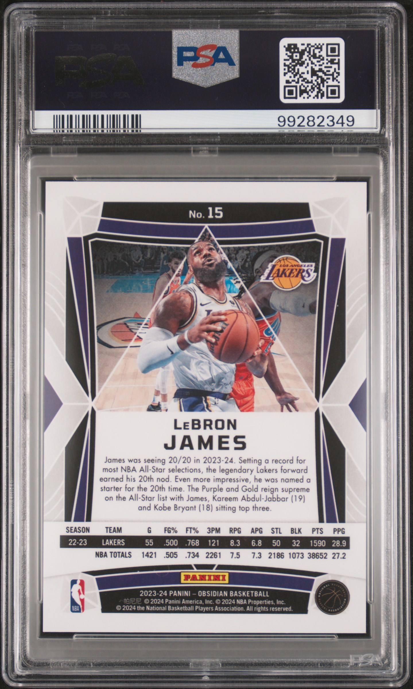 2023 Panini Obsidian Lebron James #15 (Electric Etch International) Mint 9 back