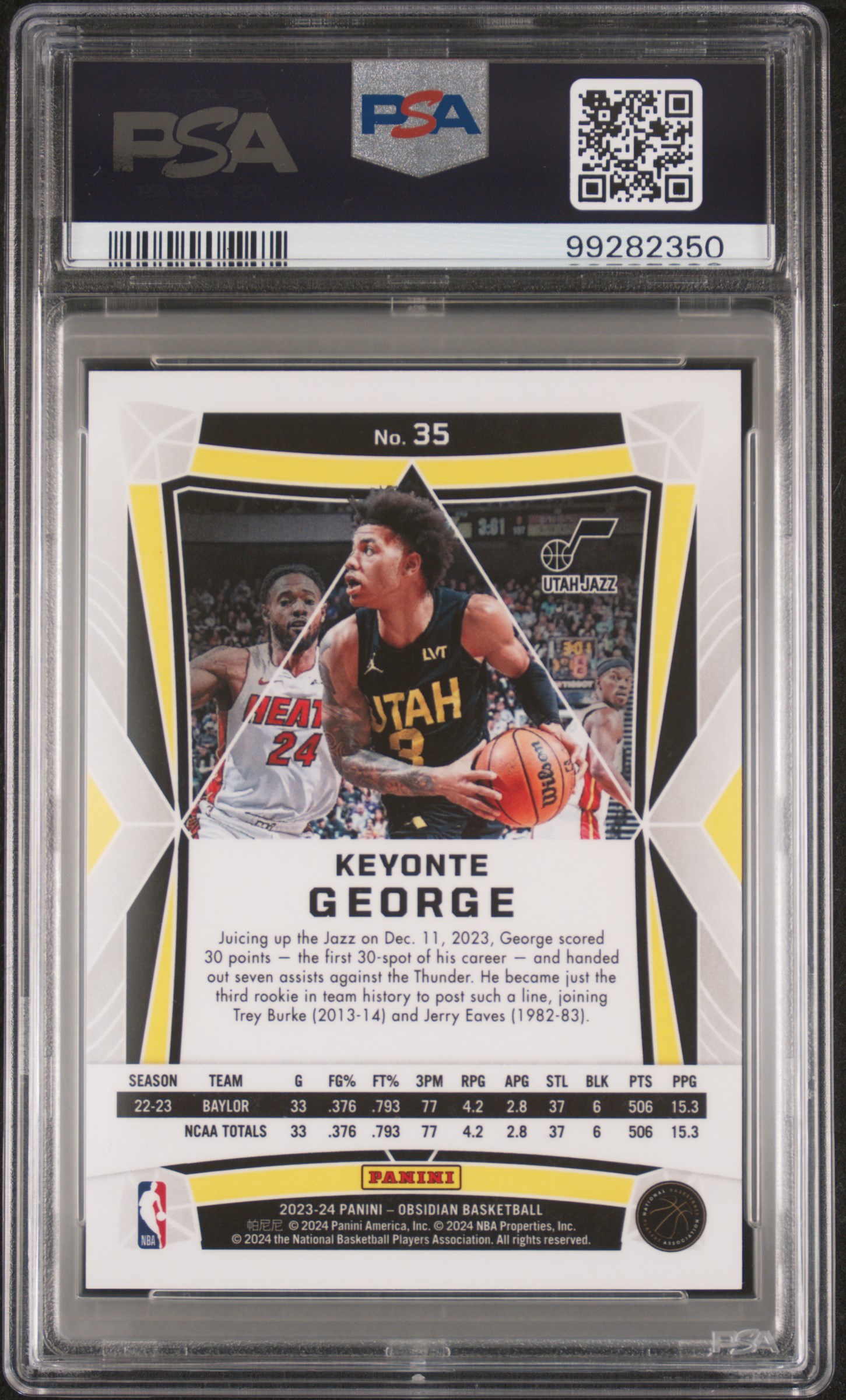 2023 Panini Obsidian Keyonte George #35 (Electric Etch International) Mint 9 back