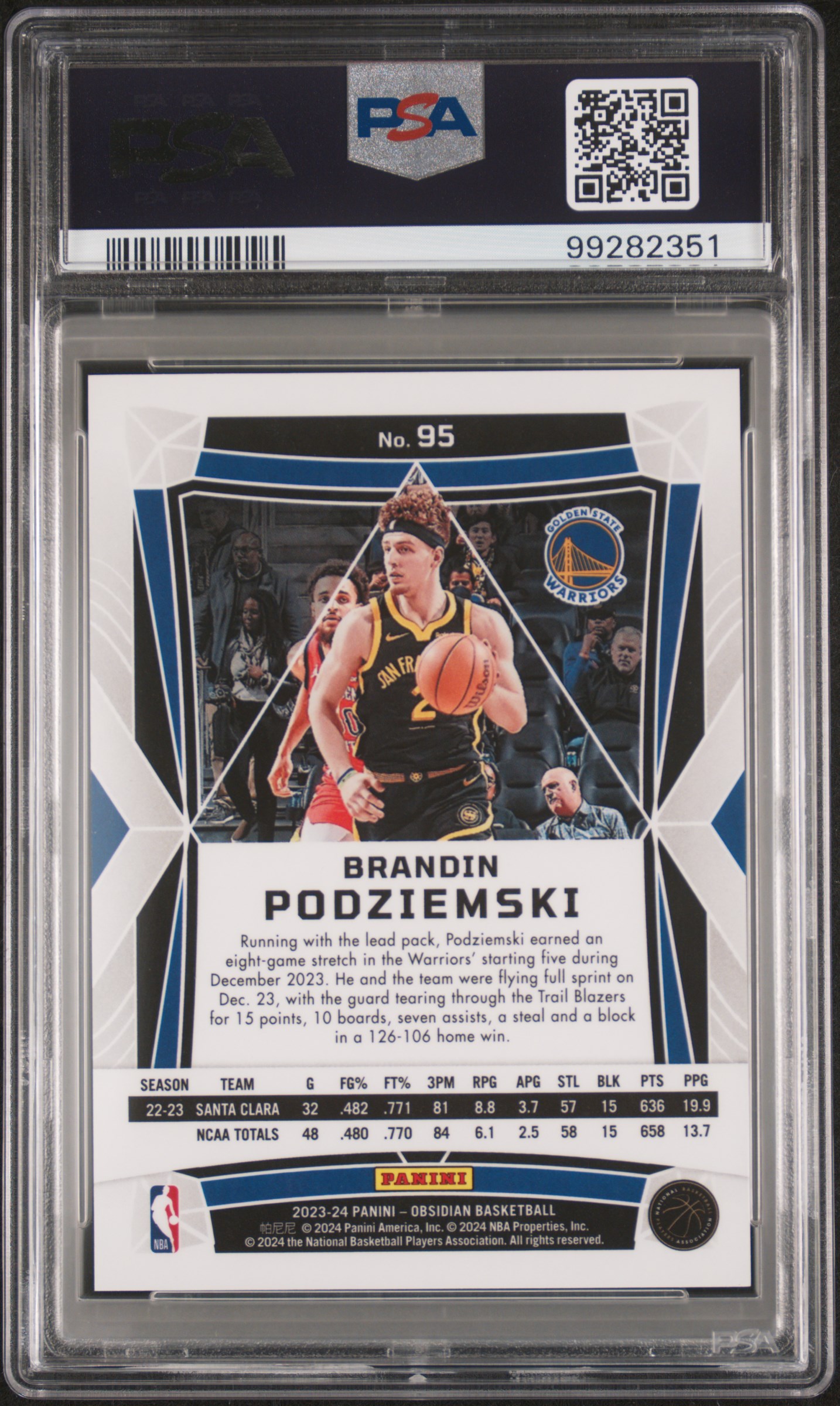 2023 Panini Obsidian Brandin Podziemski #95 Mint 9 back