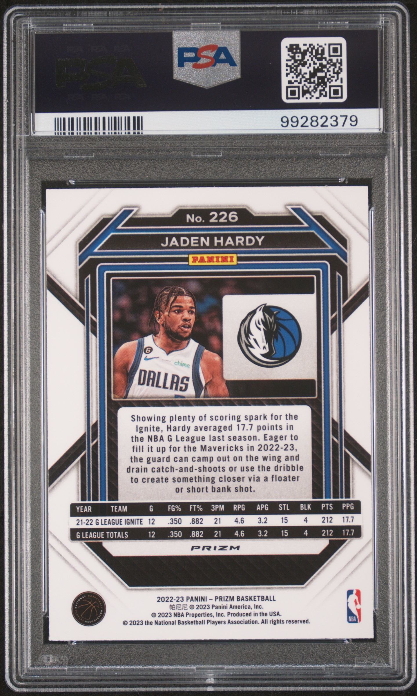2022 Panini Prizm Jaden Hardy #226 (Silver Prizm) Gem Mt 10 back