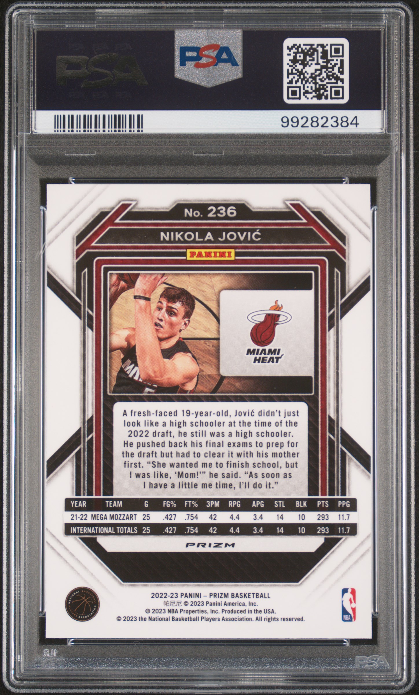 2022 Panini Prizm Nikola Jovic #236 (Red Ice) Gem Mt 10 back