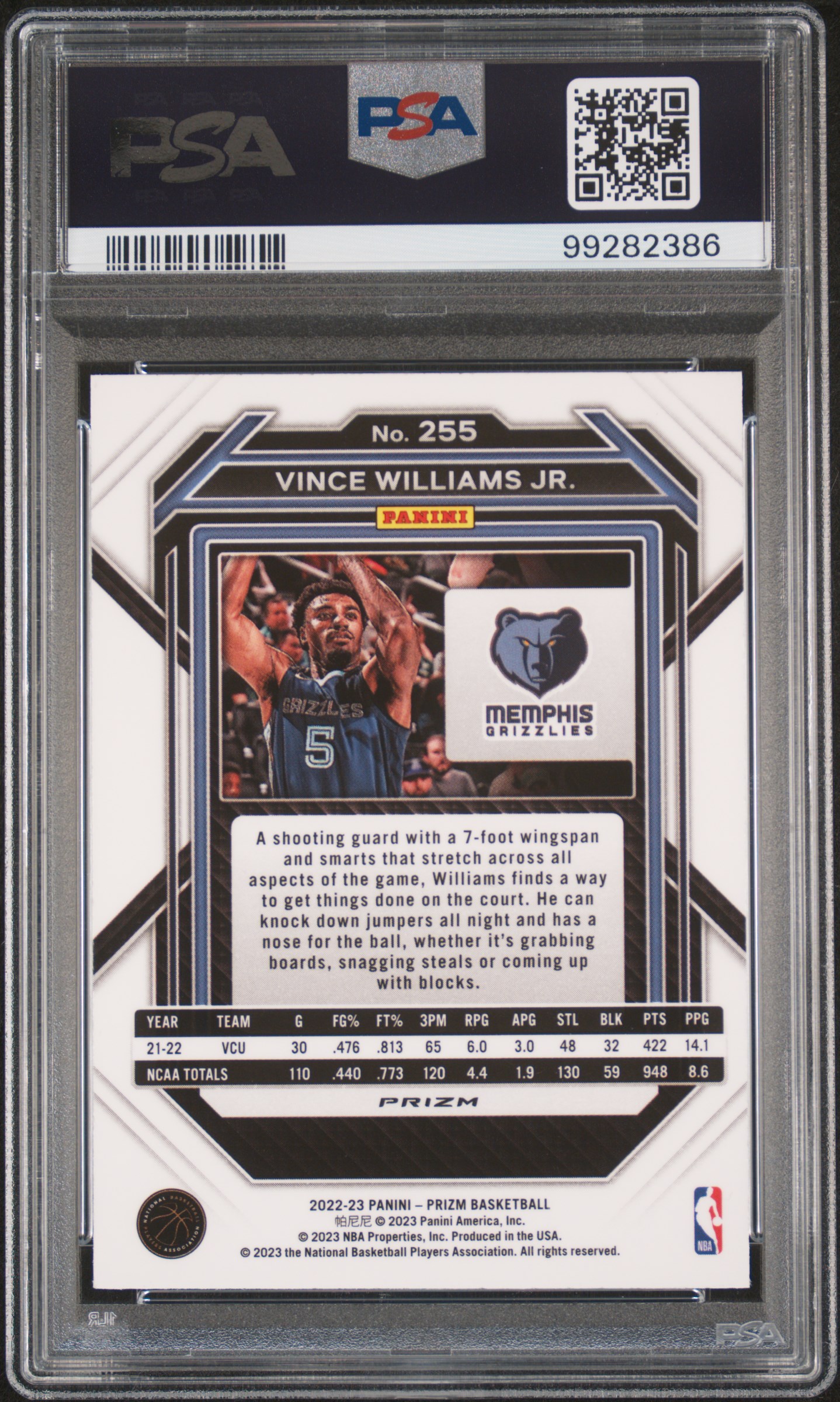2022 Panini Prizm Vince Williams Jr. #255 (Silver Prizm) Gem Mt 10 back