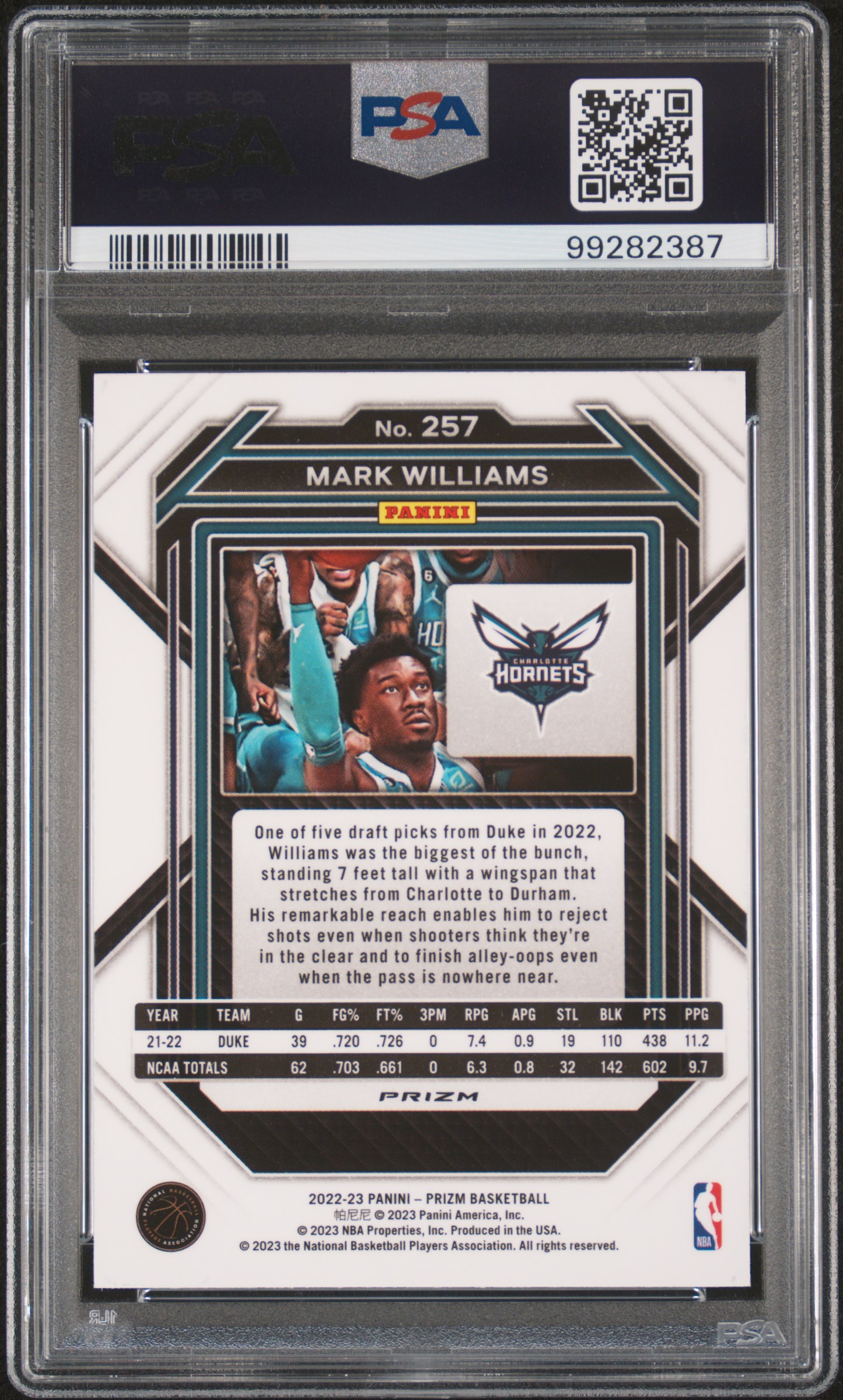2022 Panini Prizm Mark Williams #257 (Ice) Gem Mt 10 back