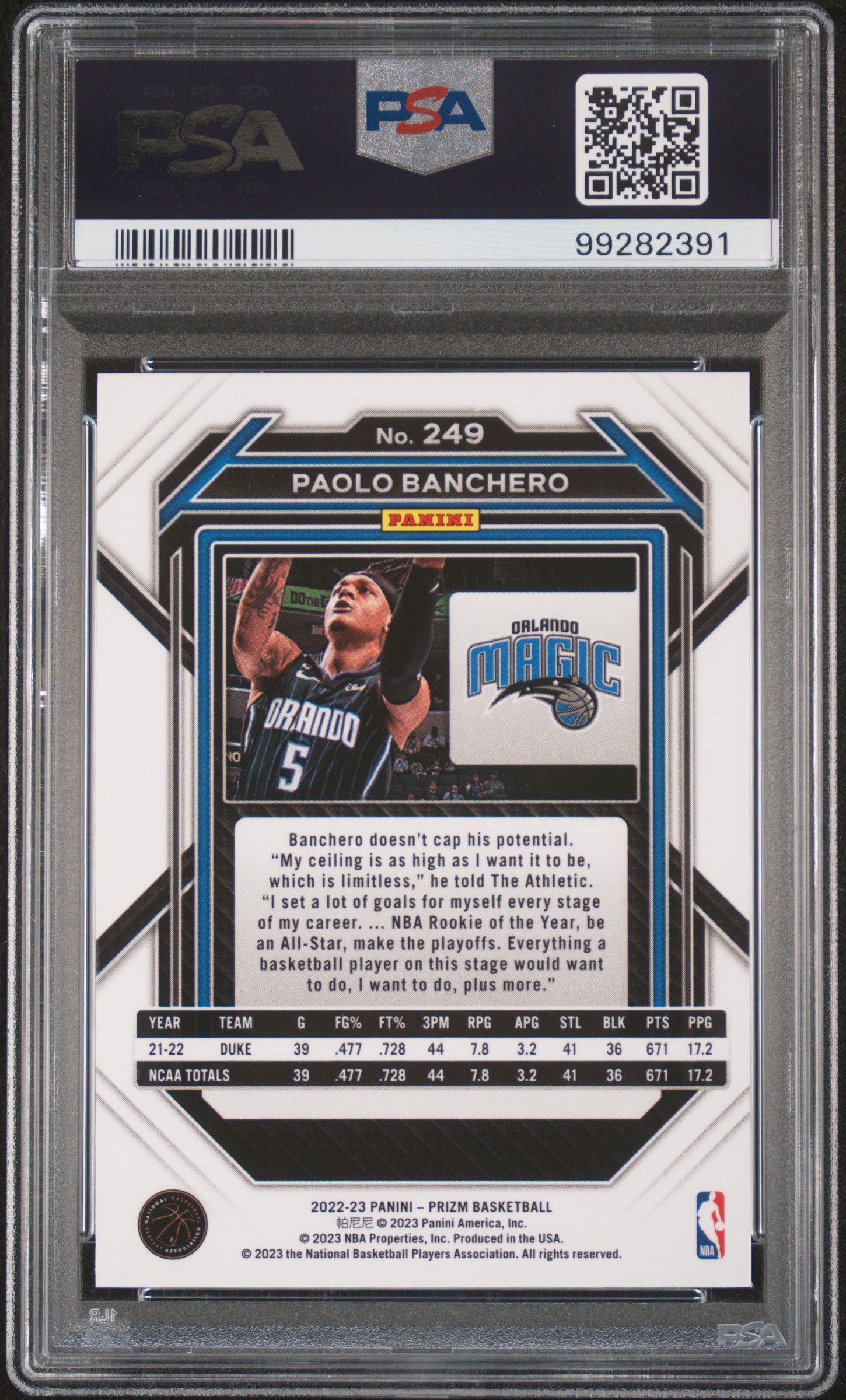2022 Panini Prizm Paolo Banchero #249 Ex-Mt 6 back