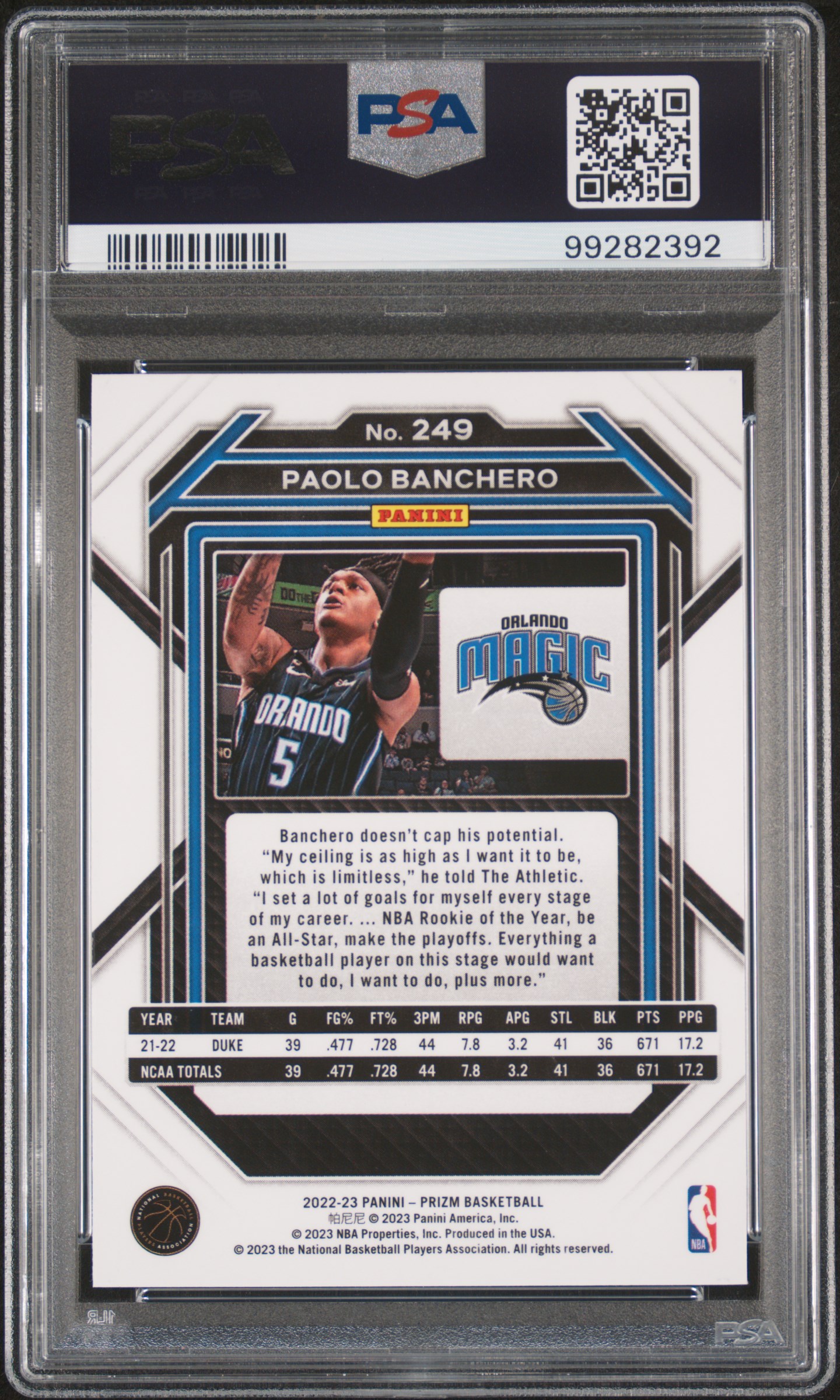 2022 Panini Prizm Paolo Banchero #249 Gem Mt 10 back