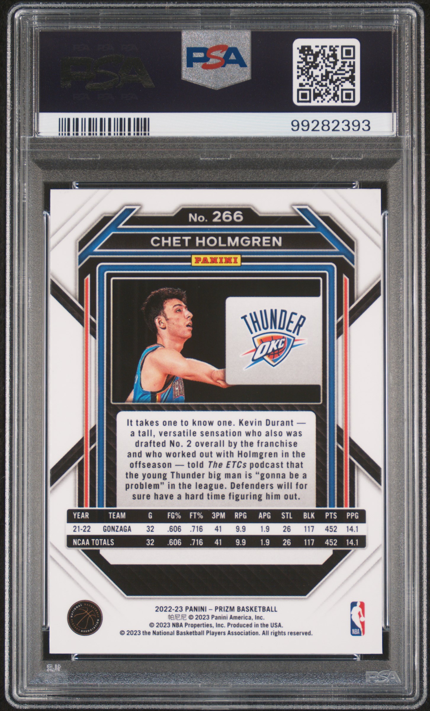 2022 Panini Prizm Chet Holmgren #266 Gem Mt 10 back
