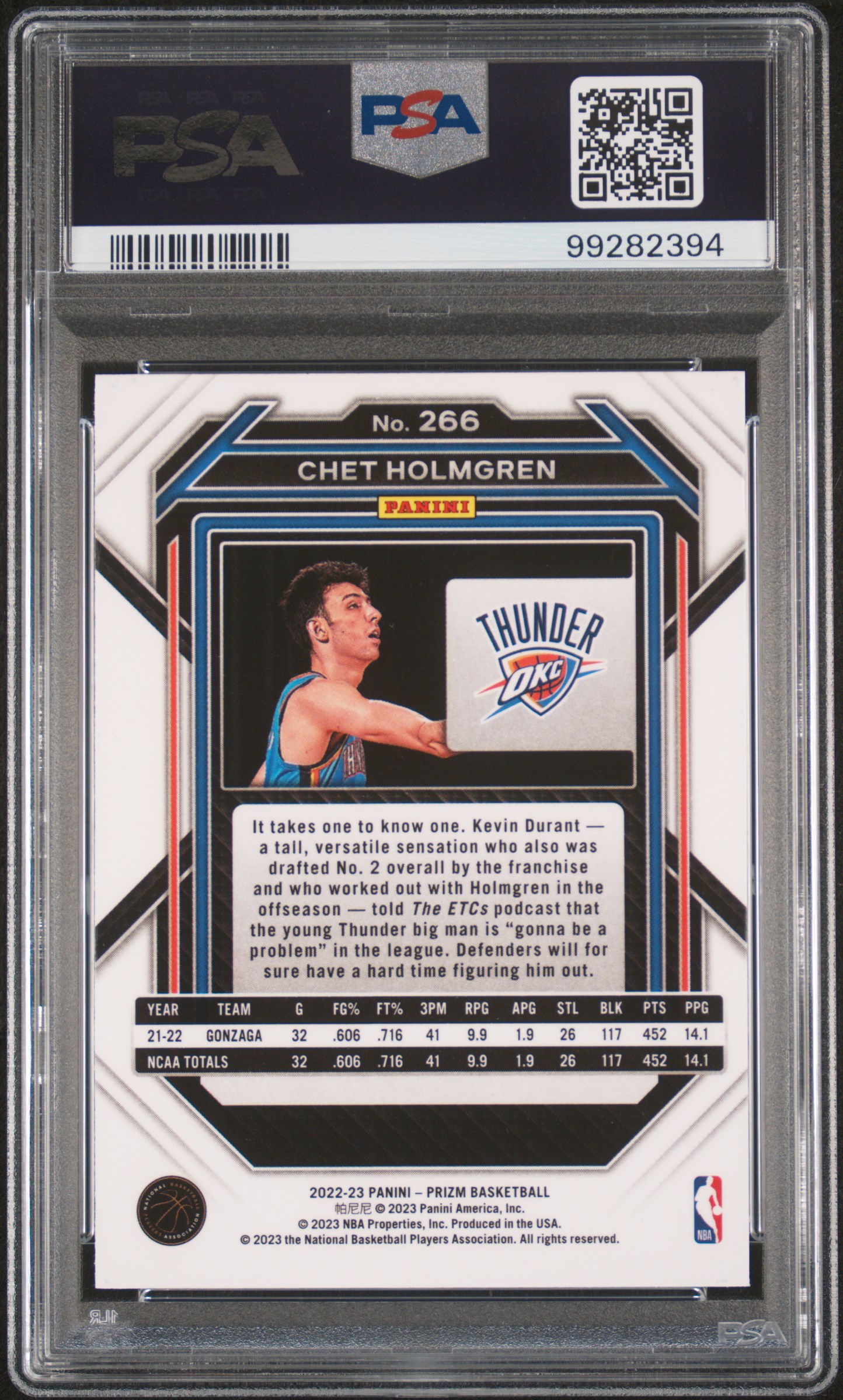 2022 Panini Prizm Chet Holmgren #266 Gem Mt 10 back