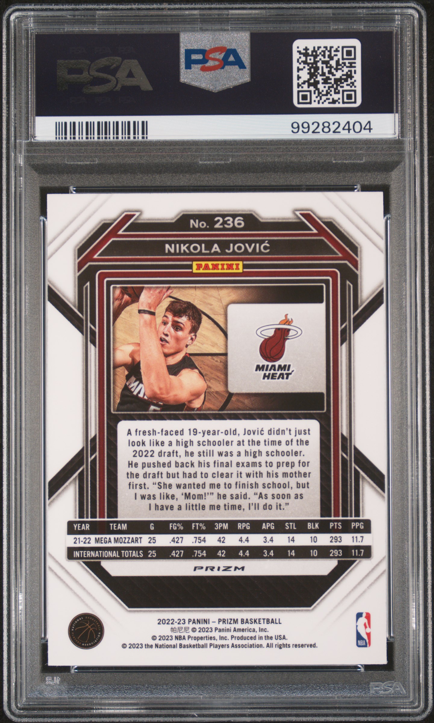 2022 Panini Prizm Nikola Jovic #236 (Red Ice) Gem Mt 10 back