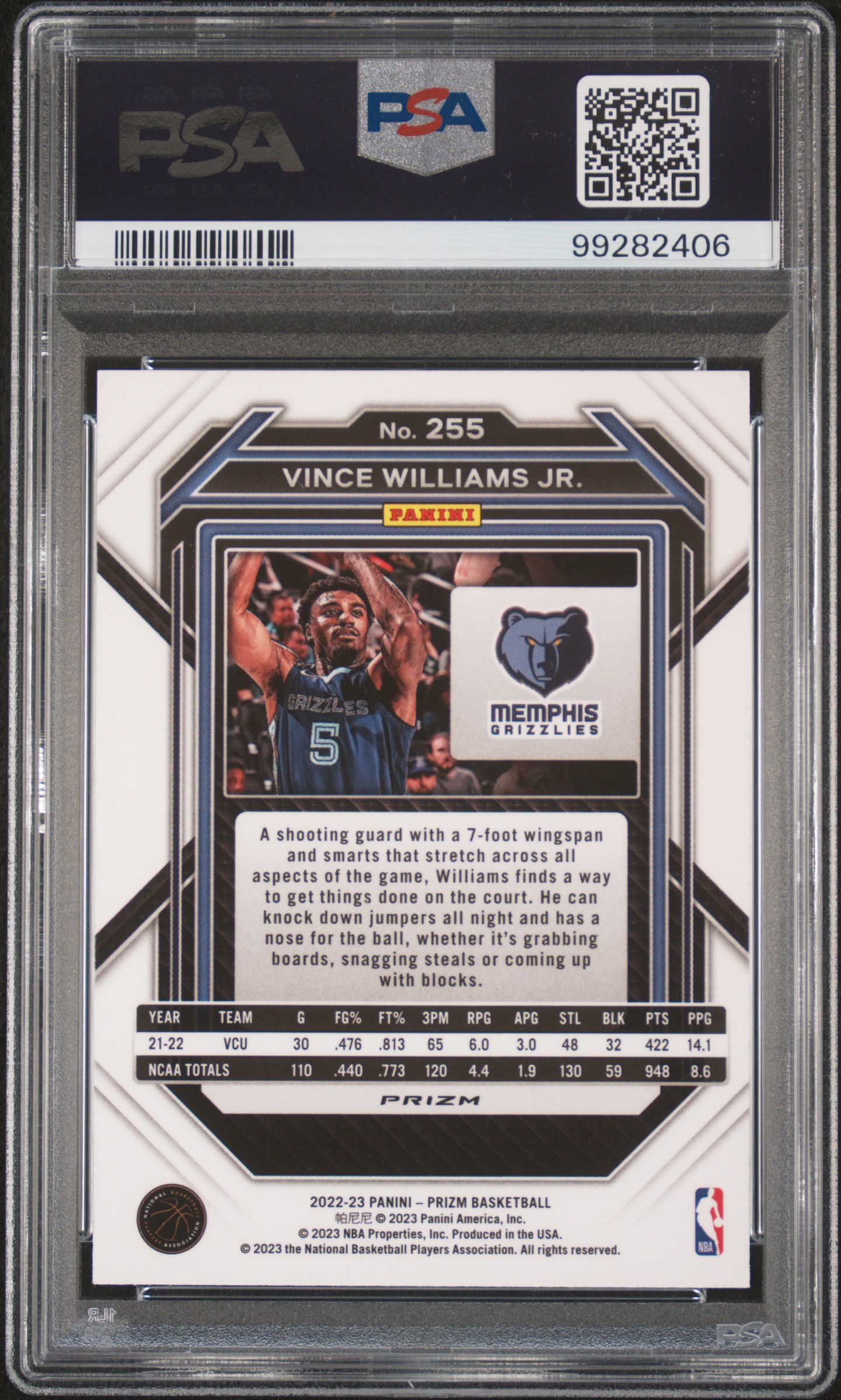 2022 Panini Prizm Vince Williams Jr. #255 (Silver Prizm) Mint 9 back