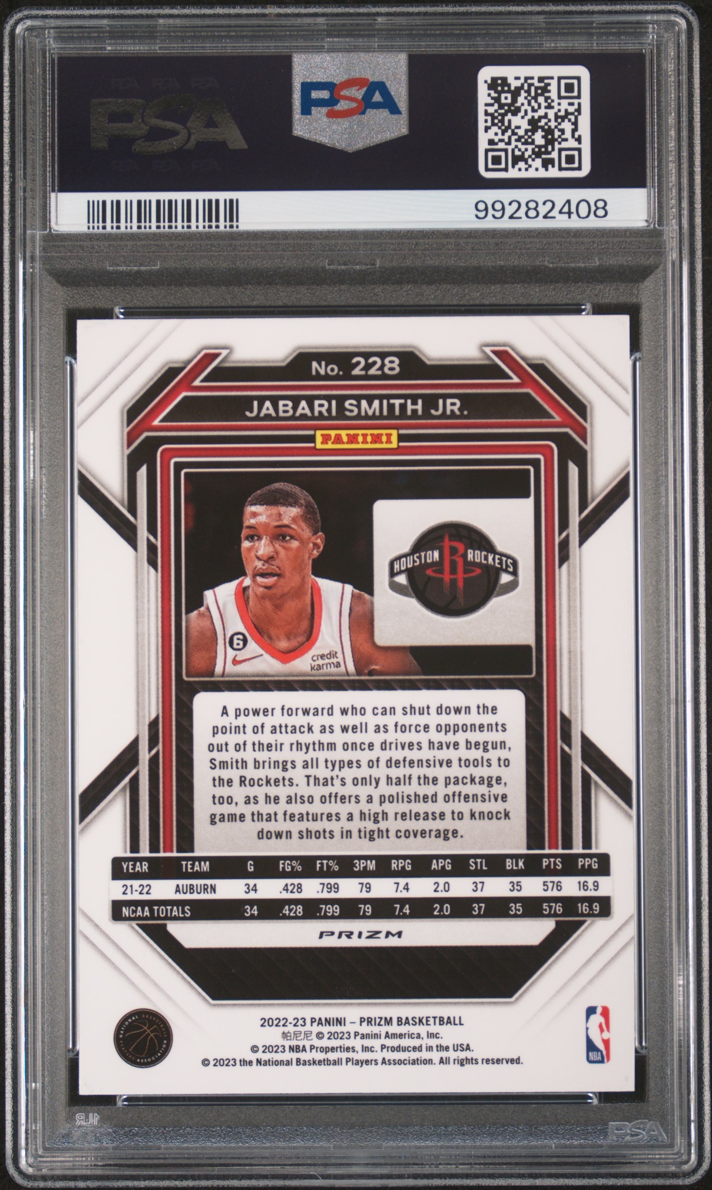 2022 Panini Prizm Jabari Smith Jr. #228 (Red Ice) Gem Mt 10 back