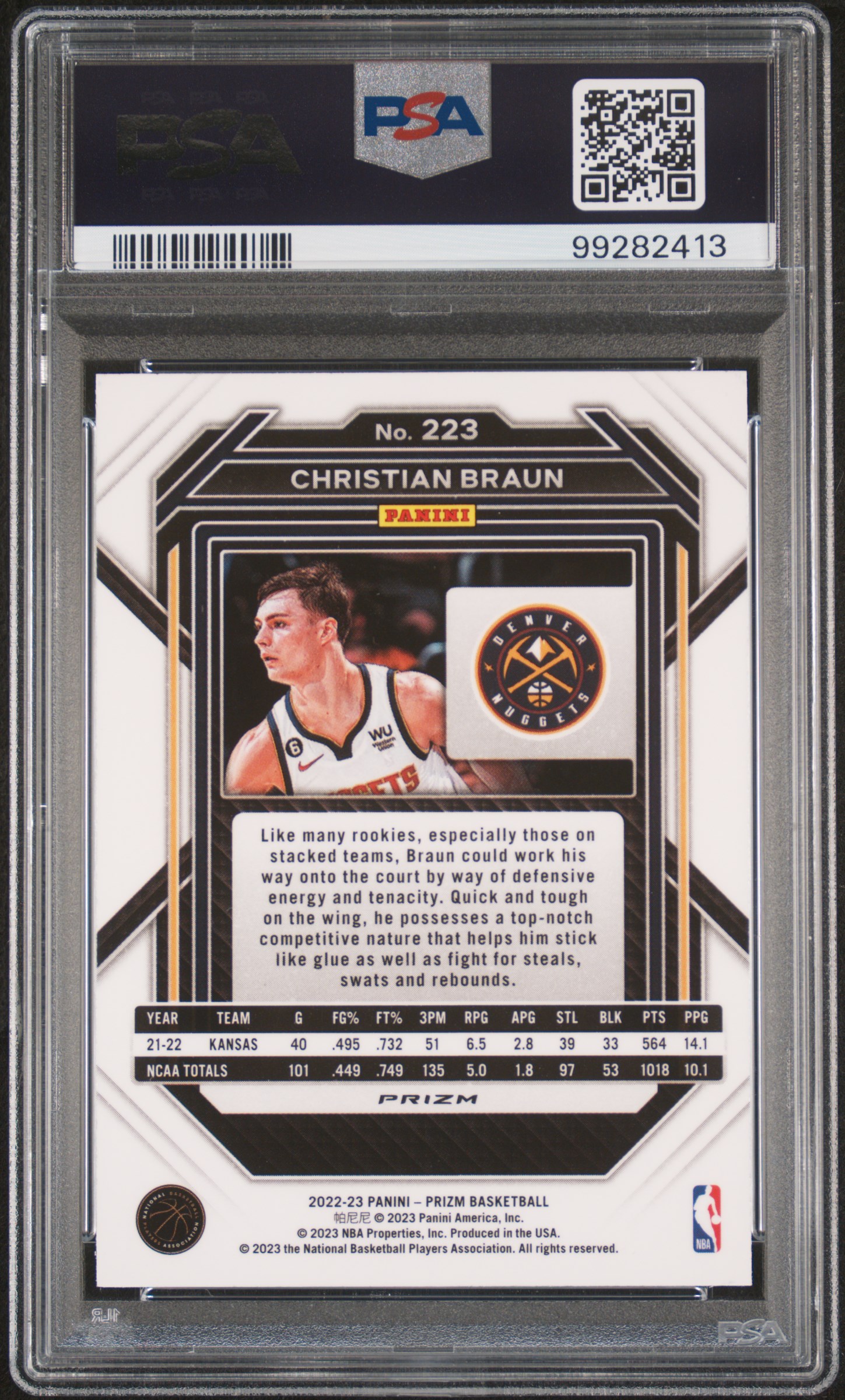 2022 Panini Prizm Christian Braun #223 (Ice) Gem Mt 10 back