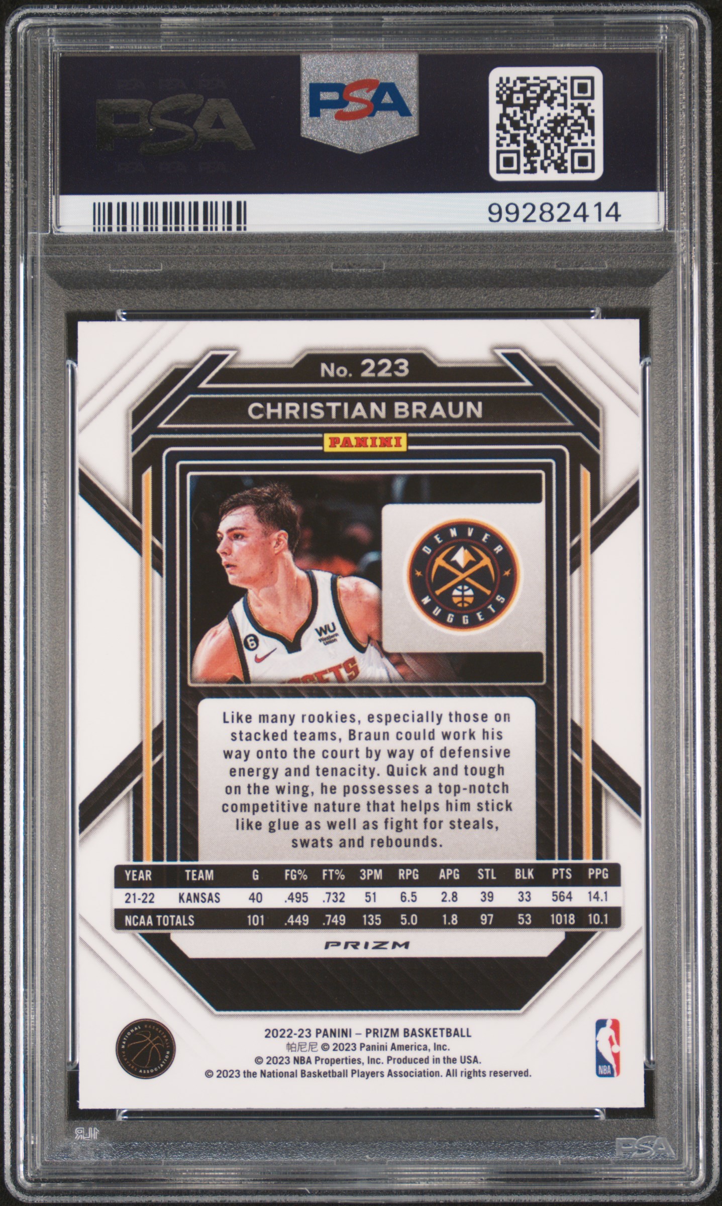 2022 Panini Prizm Christian Braun #223 (Silver Prizm) Gem Mt 10 back
