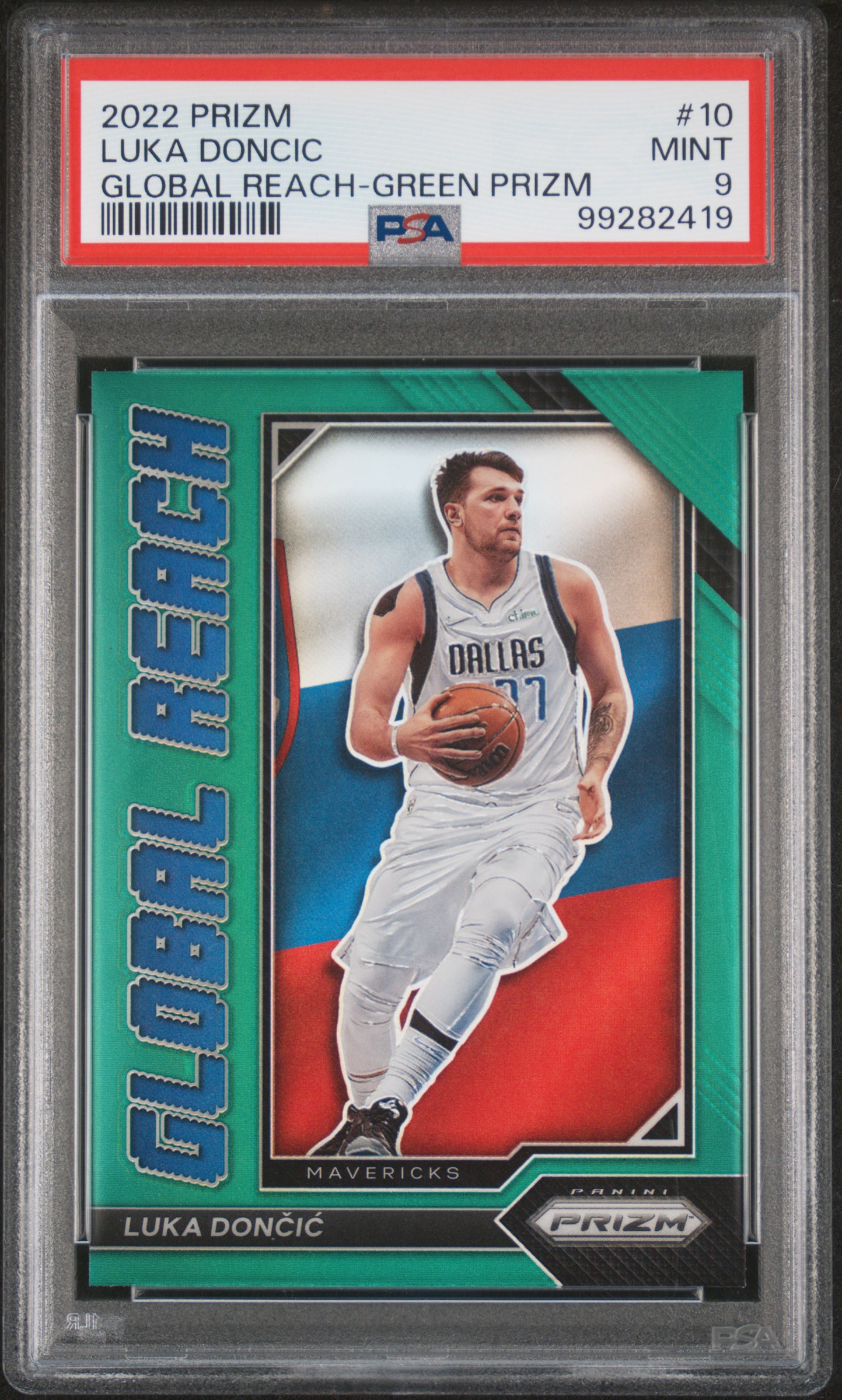 2022 Panini Prizm Global Reach Luka Doncic #10 (Global Reach-Green Prizm) Mint 9 front