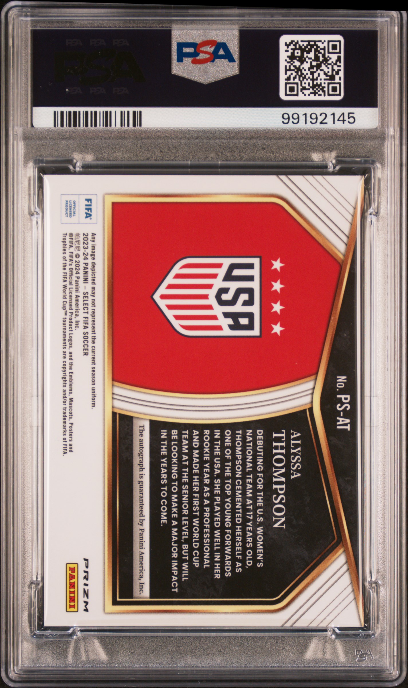 2023-24 Panini Select Fifa Pitchside Signatures Alyssa Thompson #Psat Gem Mt 10 back
