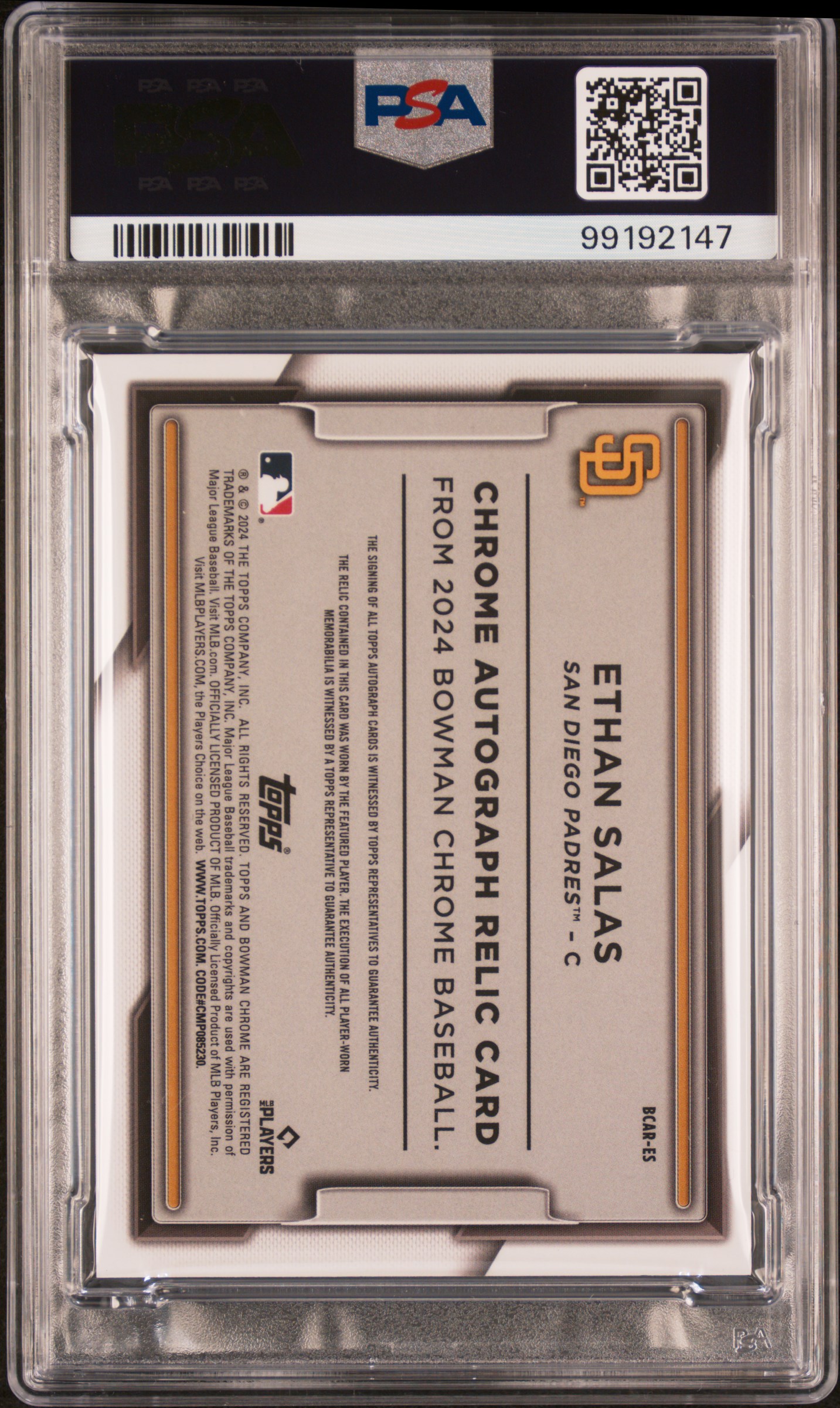 2024 Bowman Chrome Chrome Autograph Relics Ethan Salas #Es (Autograph Relic-Orange Ref) Mint 9 back