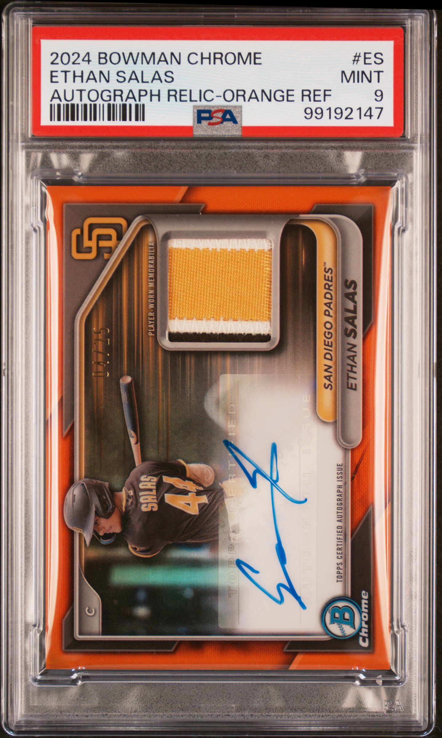 2024 Bowman Chrome Chrome Autograph Relics Ethan Salas #Es (Autograph Relic-Orange Ref) Mint 9 front