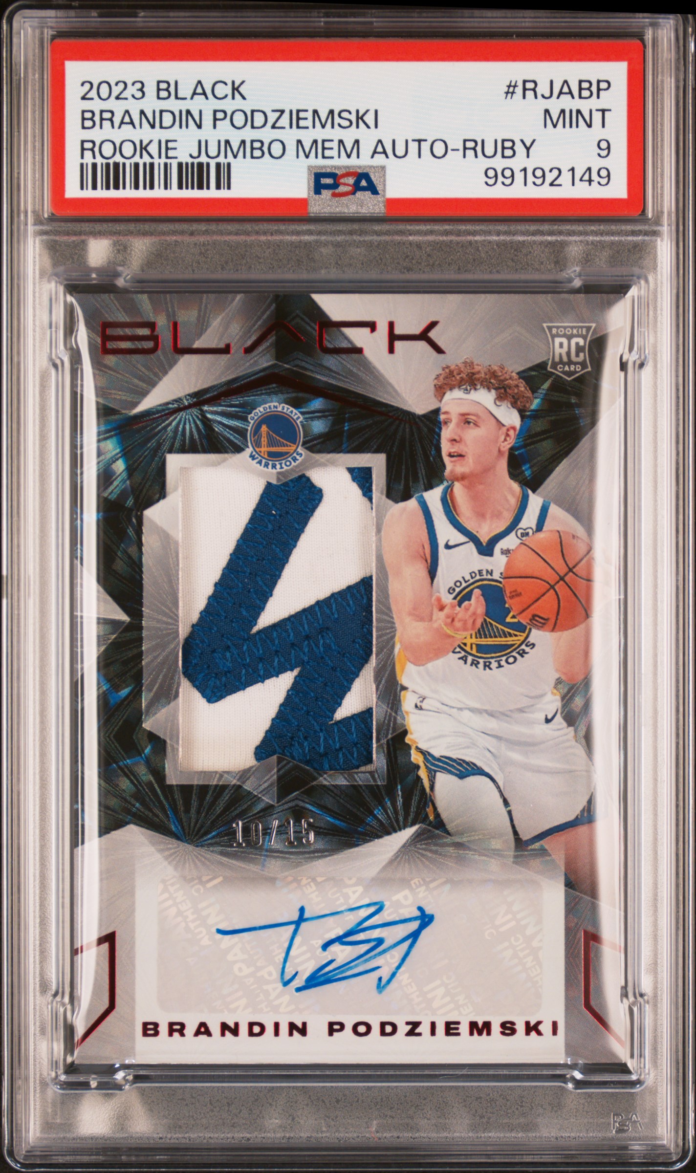 2023 Panini Black Rookie Jumbo Memorabilia Autographs Brandin Podziemski #Rjabp (Rookie Jumbo Mem Auto-Ruby) Mint 9 front