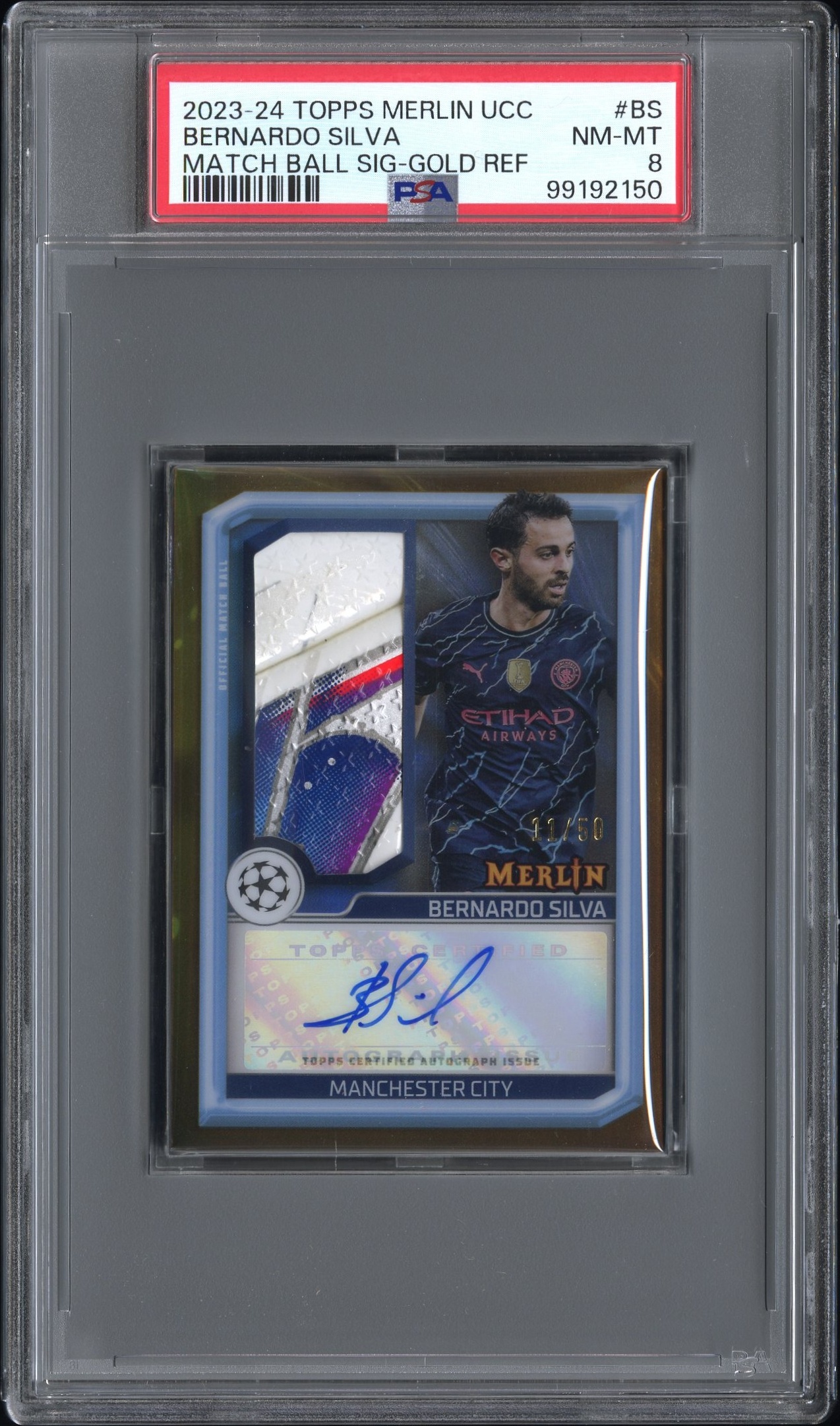 2023-24 Topps Merlin Uefa Club Competitions Merlin's Match Ball Signatures Bernardo Silva #Bs (Match Ball Sig-Gold Ref) Nm-Mt 8 front