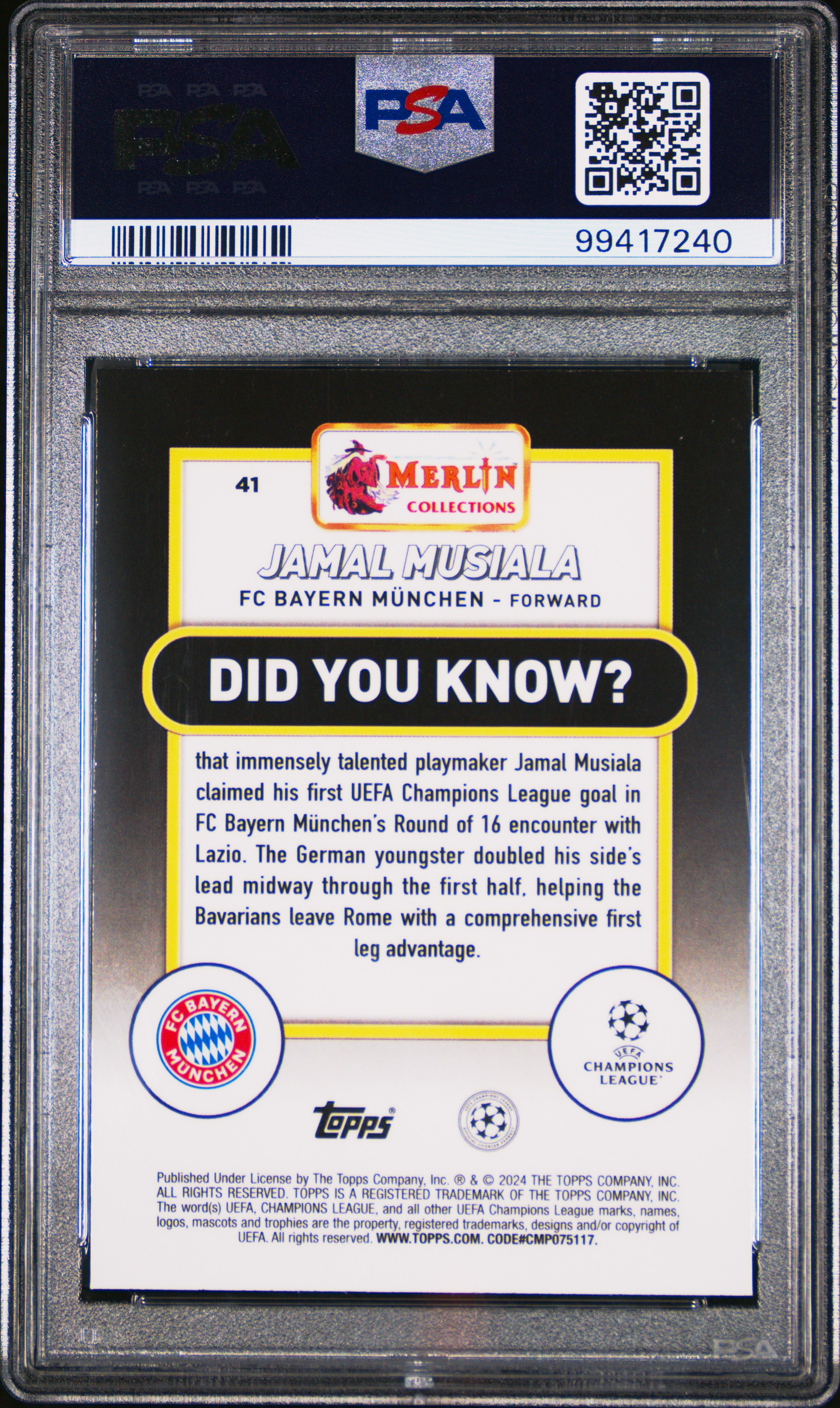 2023-24 Topps Merlin Uefa Club Competitions Jamal Musiala #41 (Speckle Refractor) Gem Mt 10 back