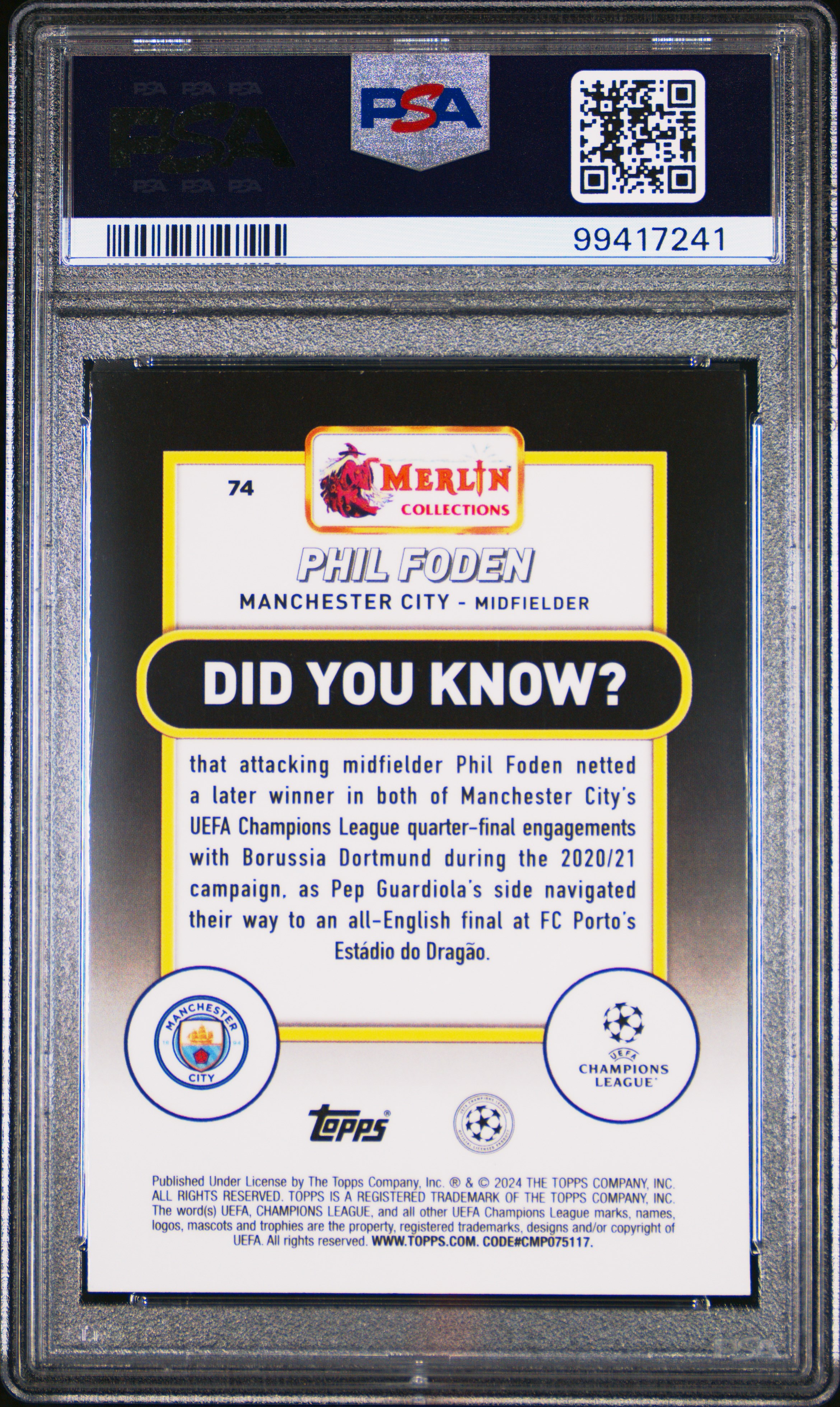 2023-24 Topps Merlin Uefa Club Competitions Phil Foden #74 (Blue Shimmer) Gem Mt 10 back