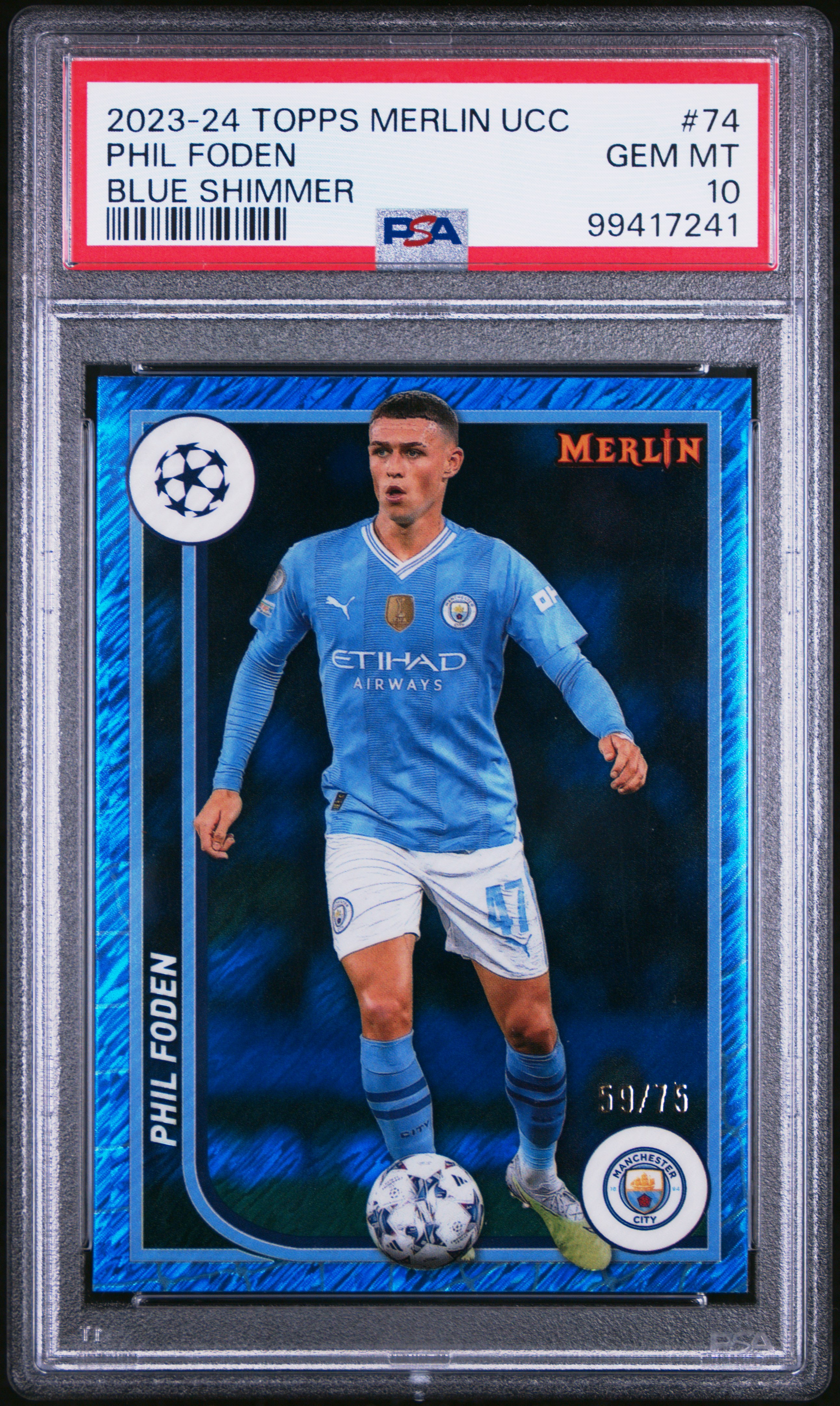 2023-24 Topps Merlin Uefa Club Competitions Phil Foden #74 (Blue Shimmer) Gem Mt 10 front