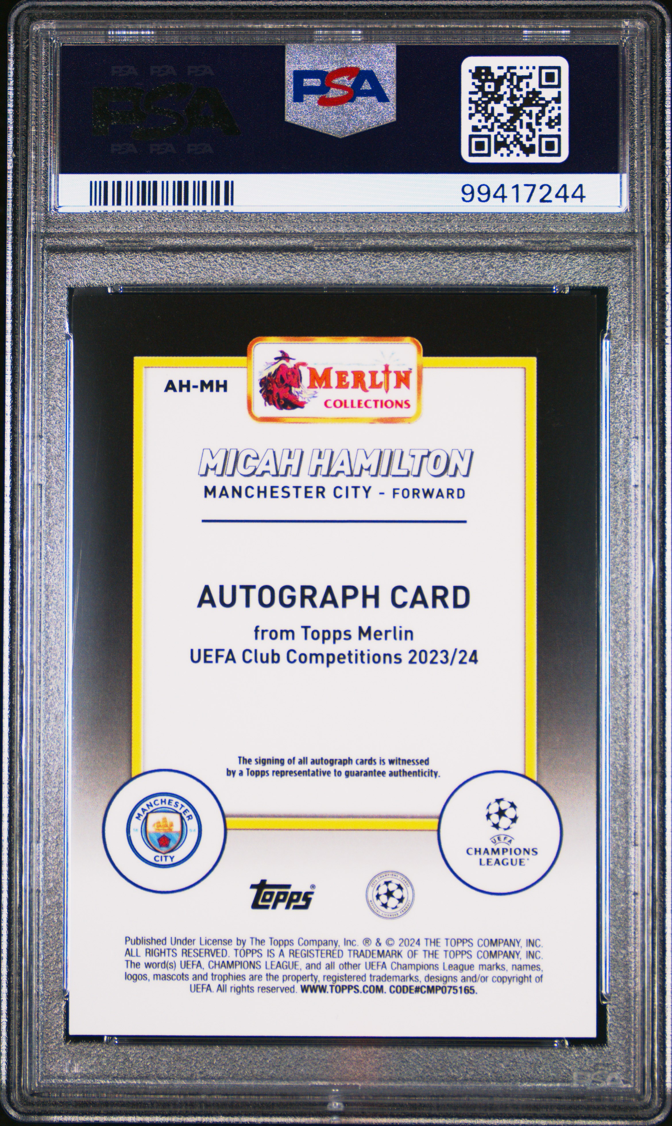 2023-24 Topps Merlin Uefa Club Competitions Autographs Micah Hamilton #Ahmh Gem Mt 10 back