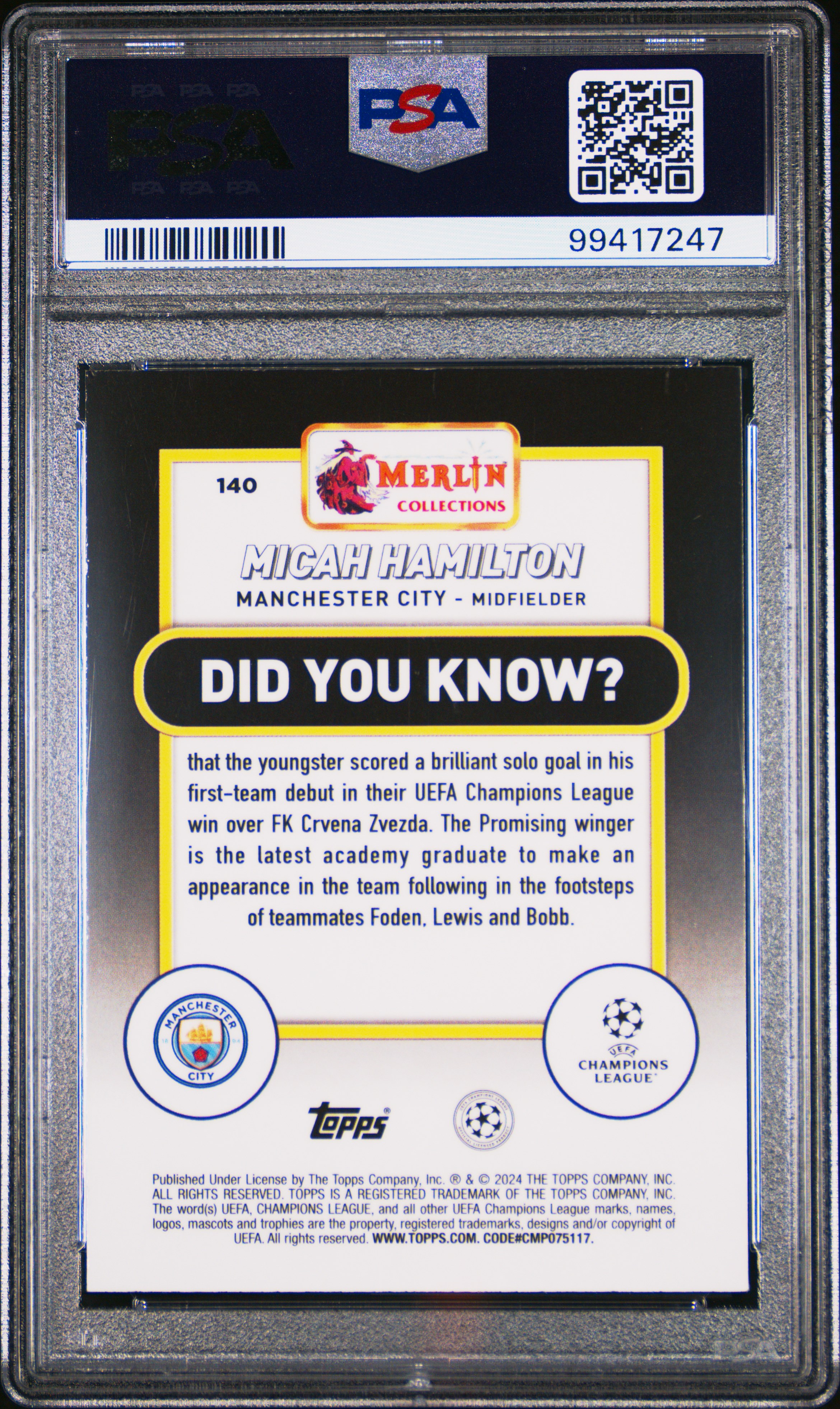 2023-24 Topps Merlin Uefa Club Competitions Micah Hamilton #140 (Blue Refractor) Gem Mt 10 back