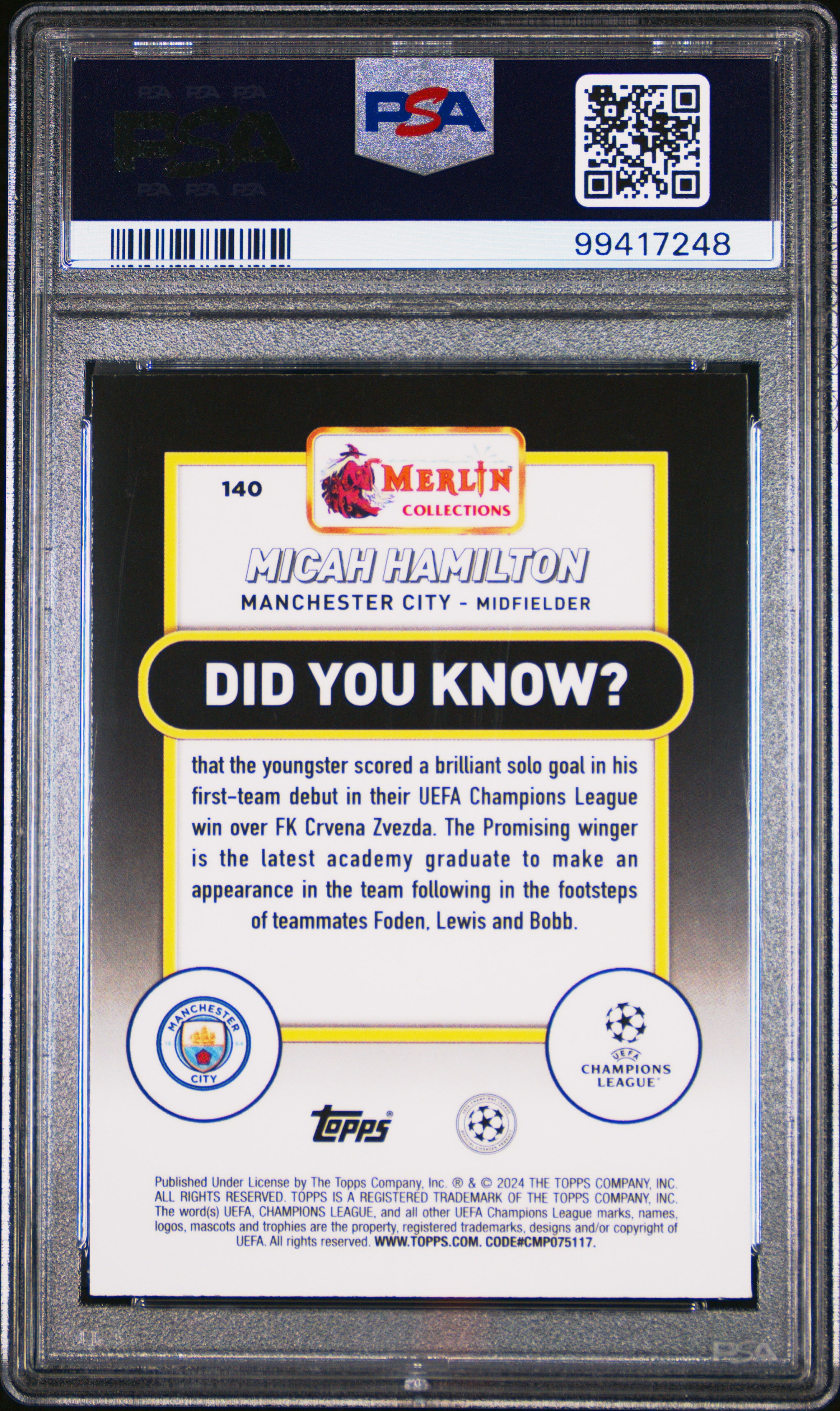 2023-24 Topps Merlin Uefa Club Competitions Micah Hamilton #140 (Green Refractor) Gem Mt 10 back