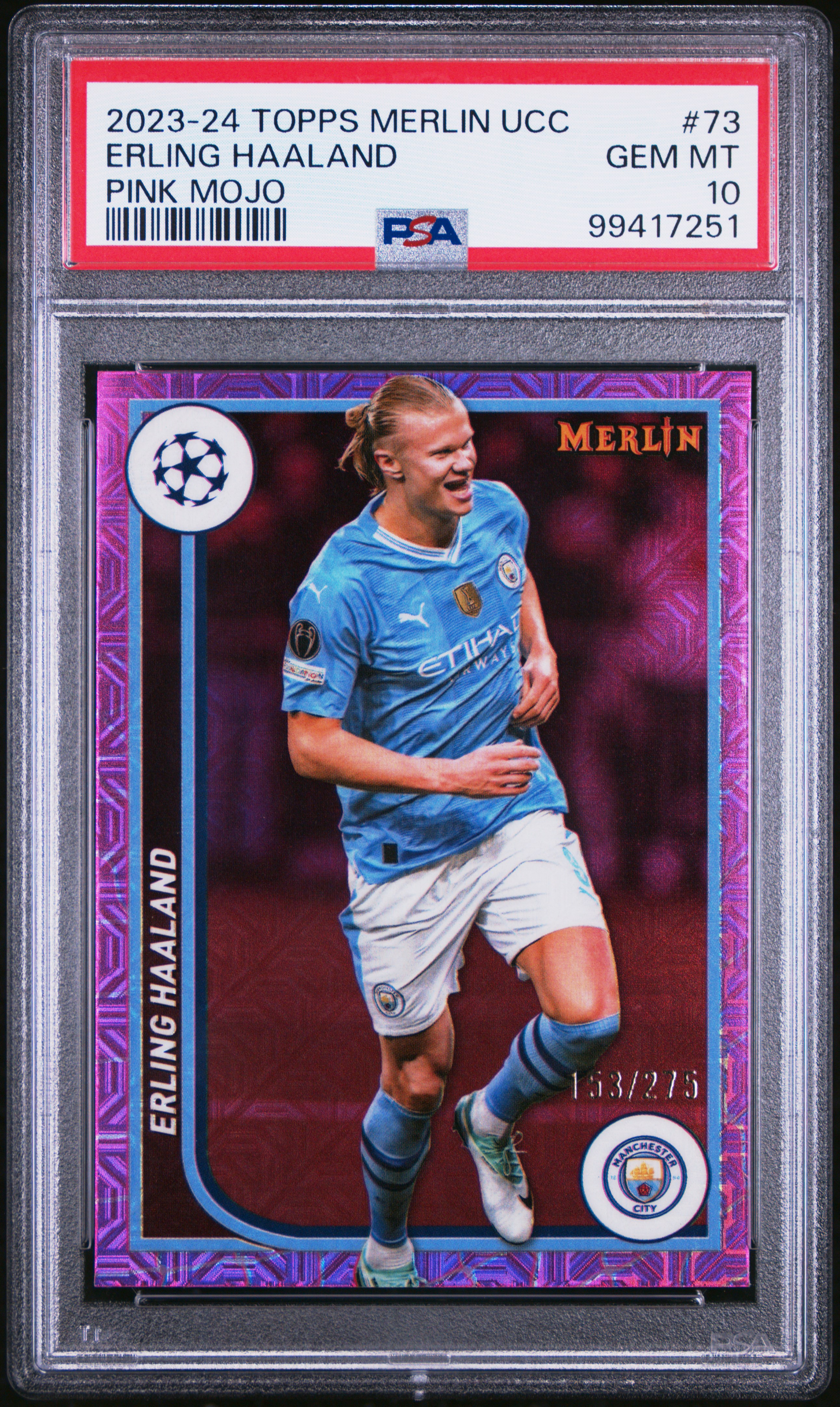 2023-24 Topps Merlin Uefa Club Competitions Erling Haaland #73 (Pink Mojo) Gem Mt 10 front