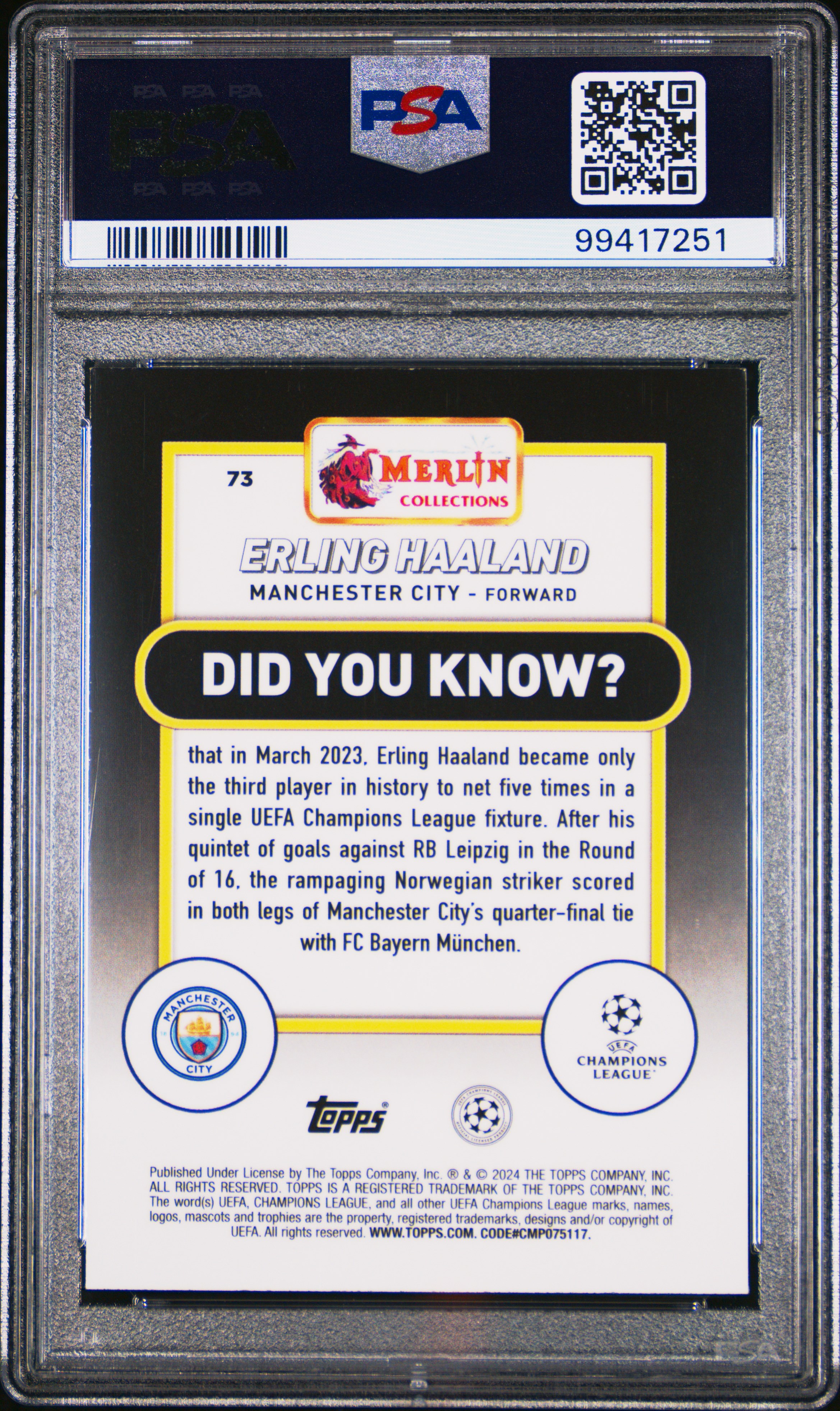 2023-24 Topps Merlin Uefa Club Competitions Erling Haaland #73 (Pink Mojo) Gem Mt 10 back
