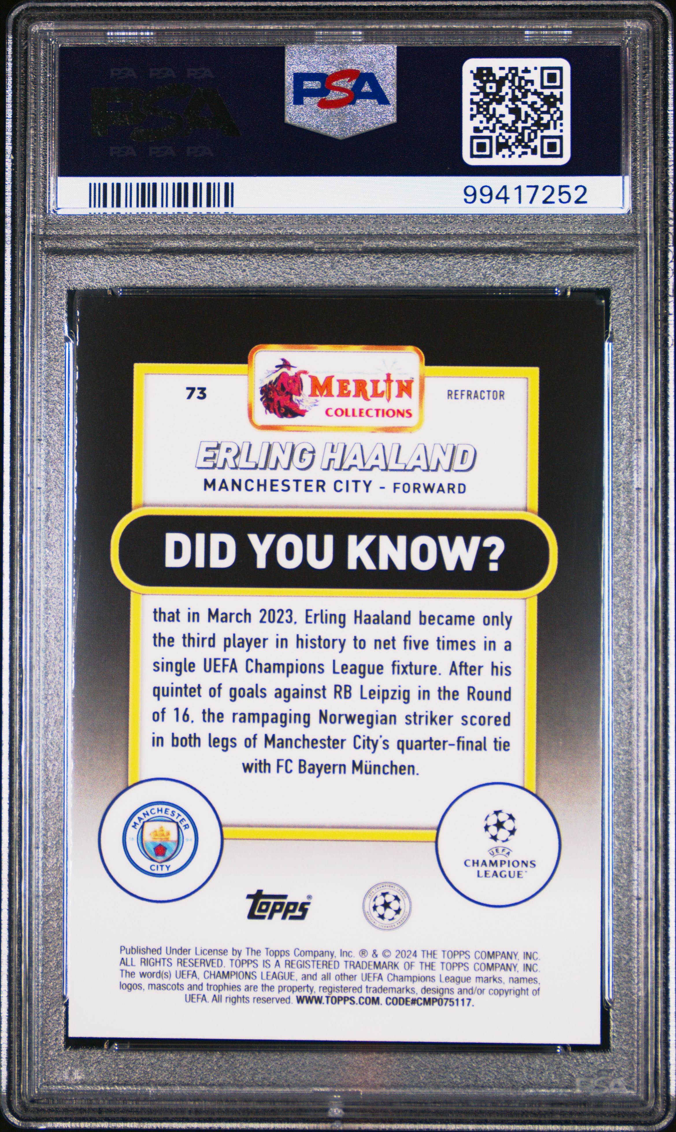 2023-24 Topps Merlin Uefa Club Competitions Erling Haaland #73 (Refractor) Gem Mt 10 back