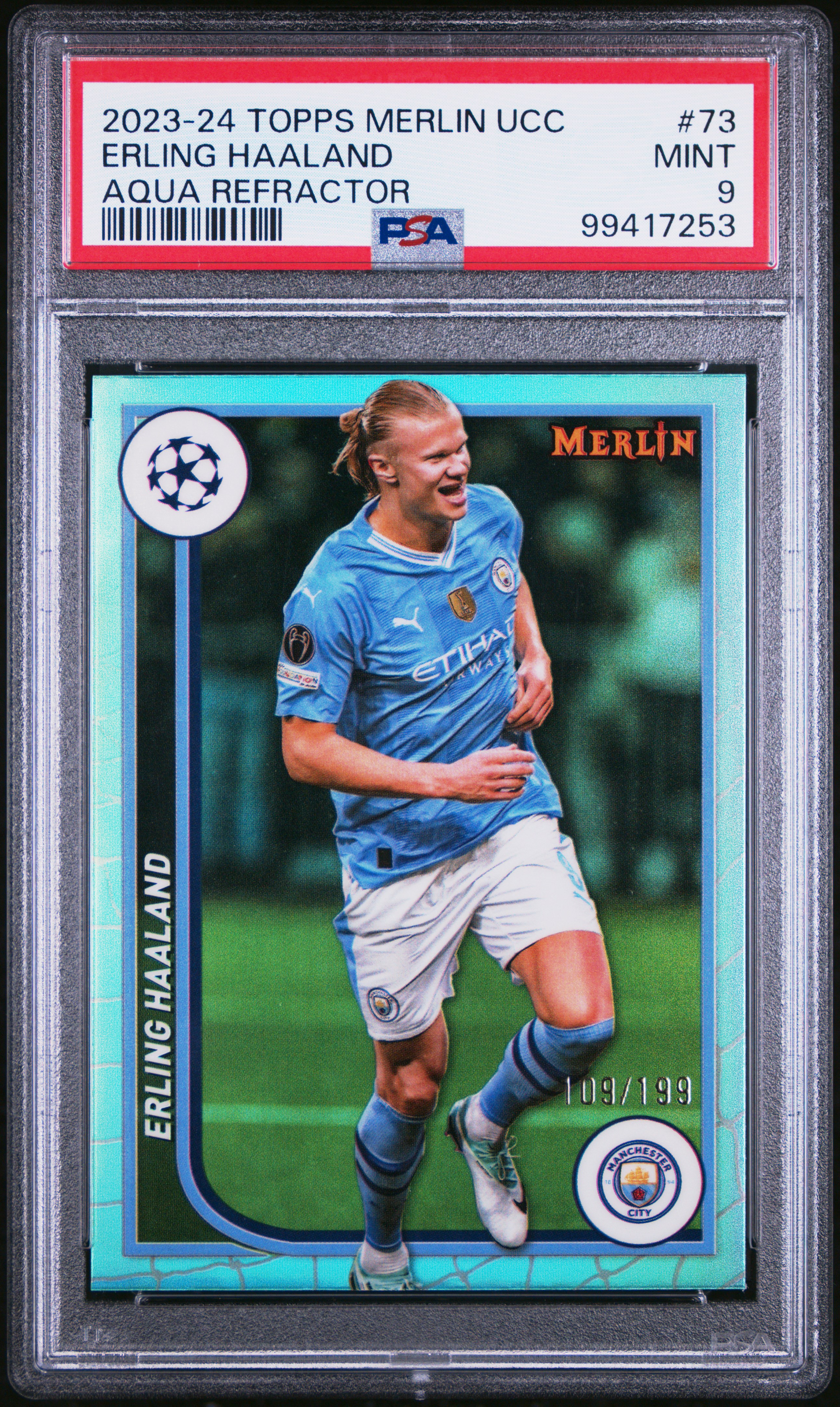2023-24 Topps Merlin Uefa Club Competitions Erling Haaland #73 (Aqua Refractor) Mint 9 front