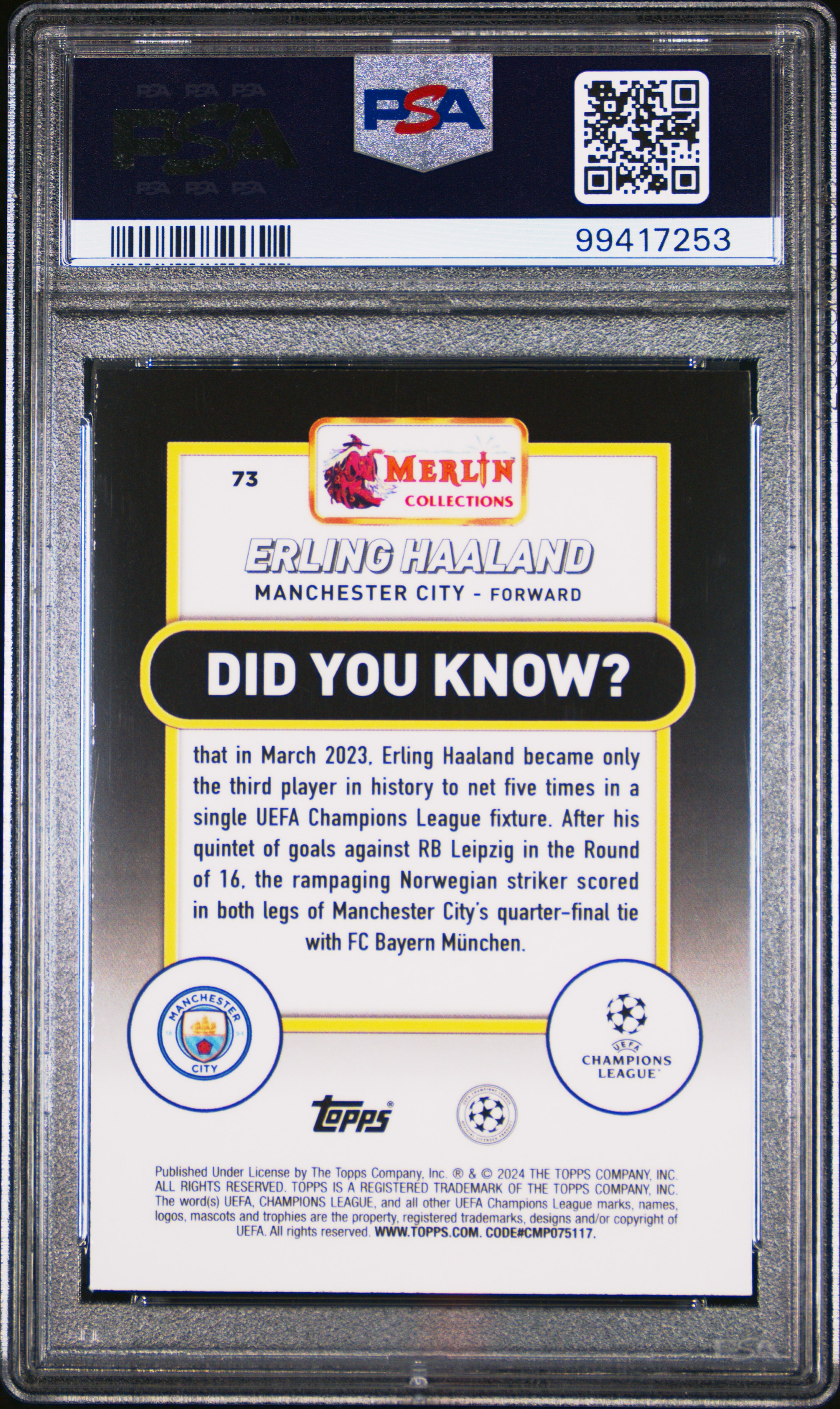 2023-24 Topps Merlin Uefa Club Competitions Erling Haaland #73 (Aqua Refractor) Mint 9 back