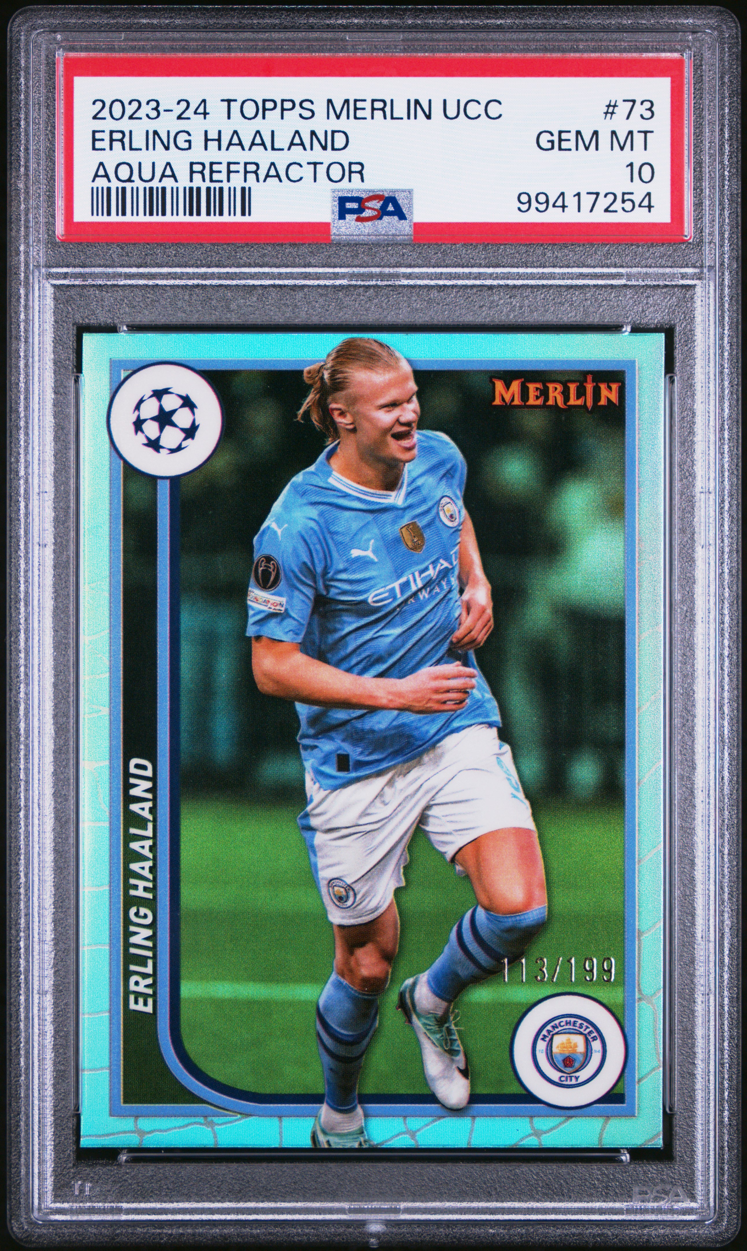 2023-24 Topps Merlin Uefa Club Competitions Erling Haaland #73 (Aqua Refractor) Gem Mt 10 front