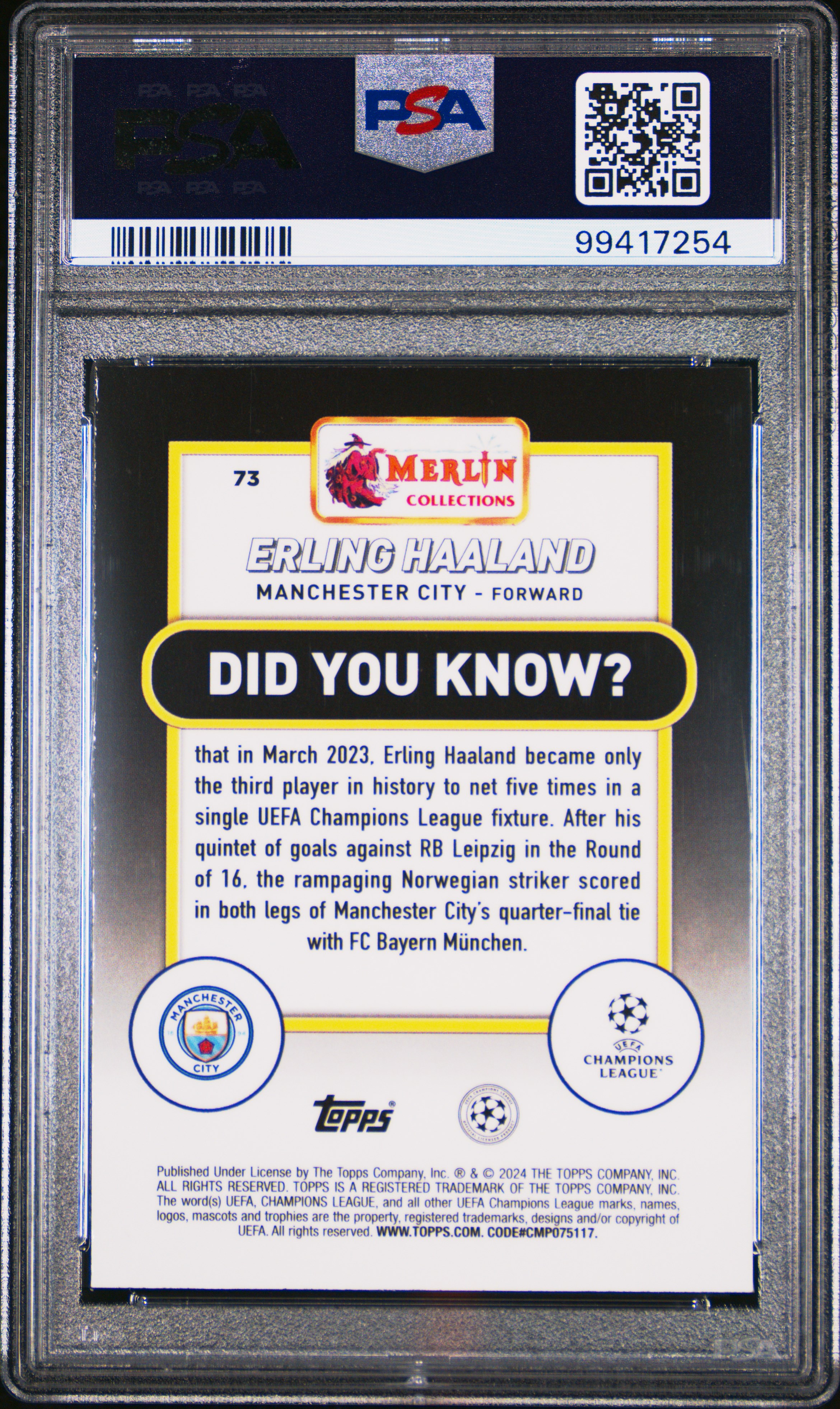 2023-24 Topps Merlin Uefa Club Competitions Erling Haaland #73 (Aqua Refractor) Gem Mt 10 back